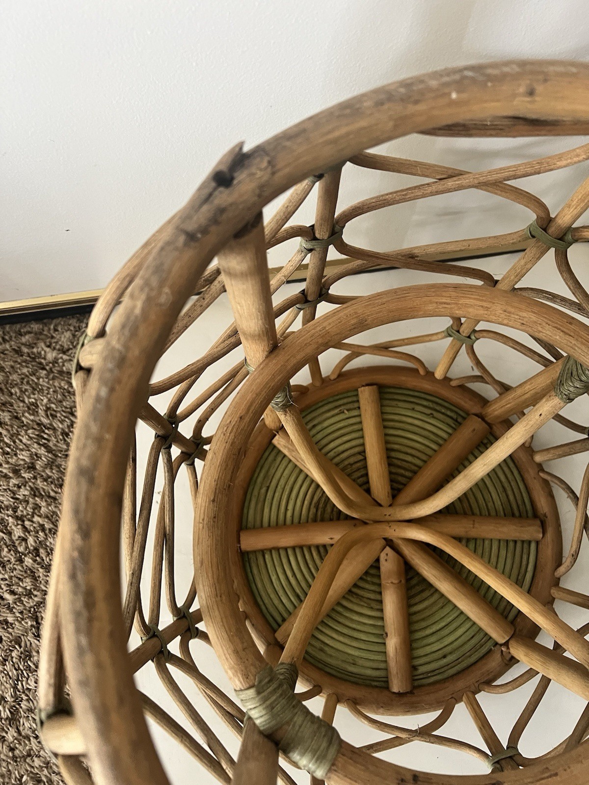 Vintage Rattan Bamboo Side Table Plant Stand Coiled Top Accent Boho Chic MCM