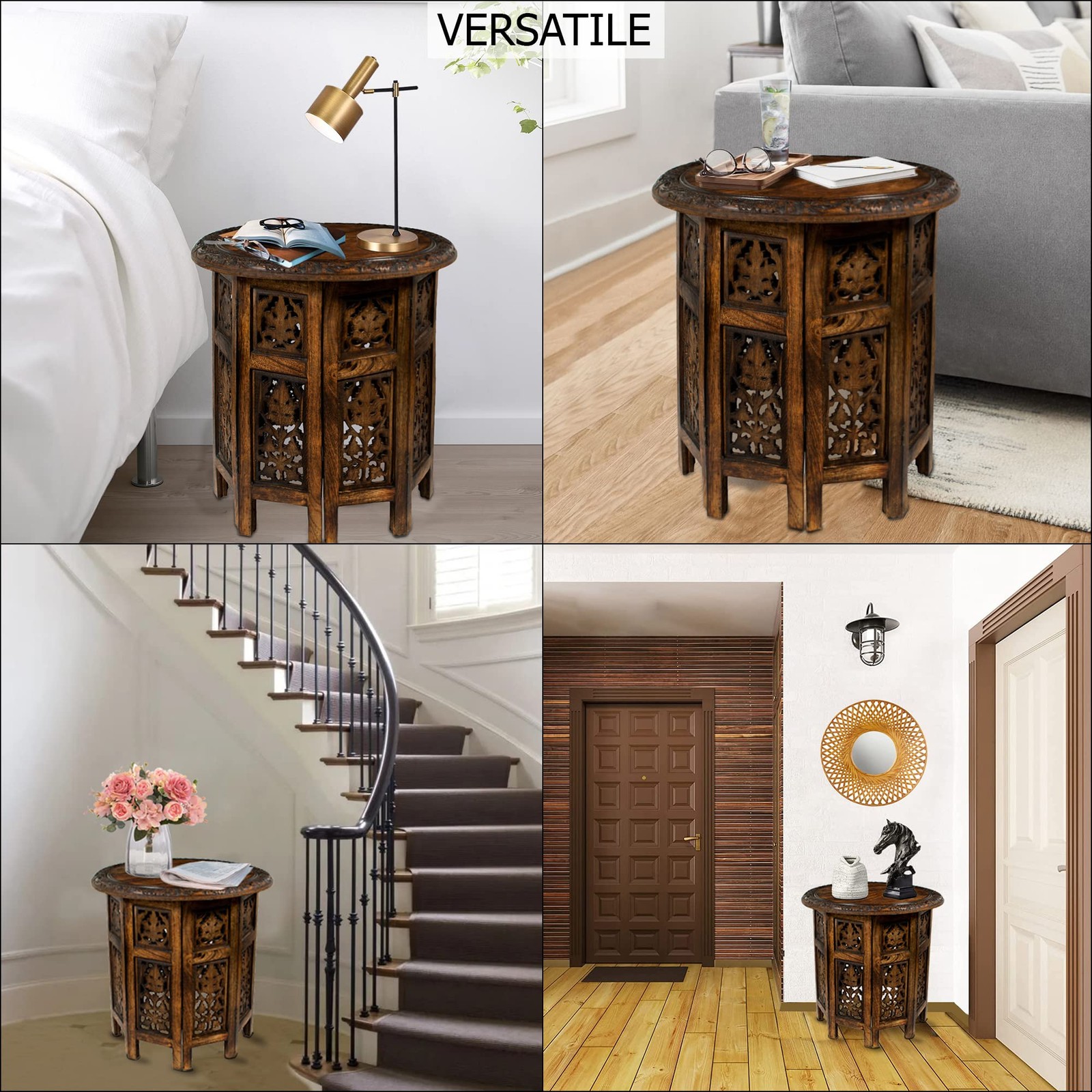 Solid Wood Accent End Table – Hand Carved Vintage Boho Folding Side Table – S…