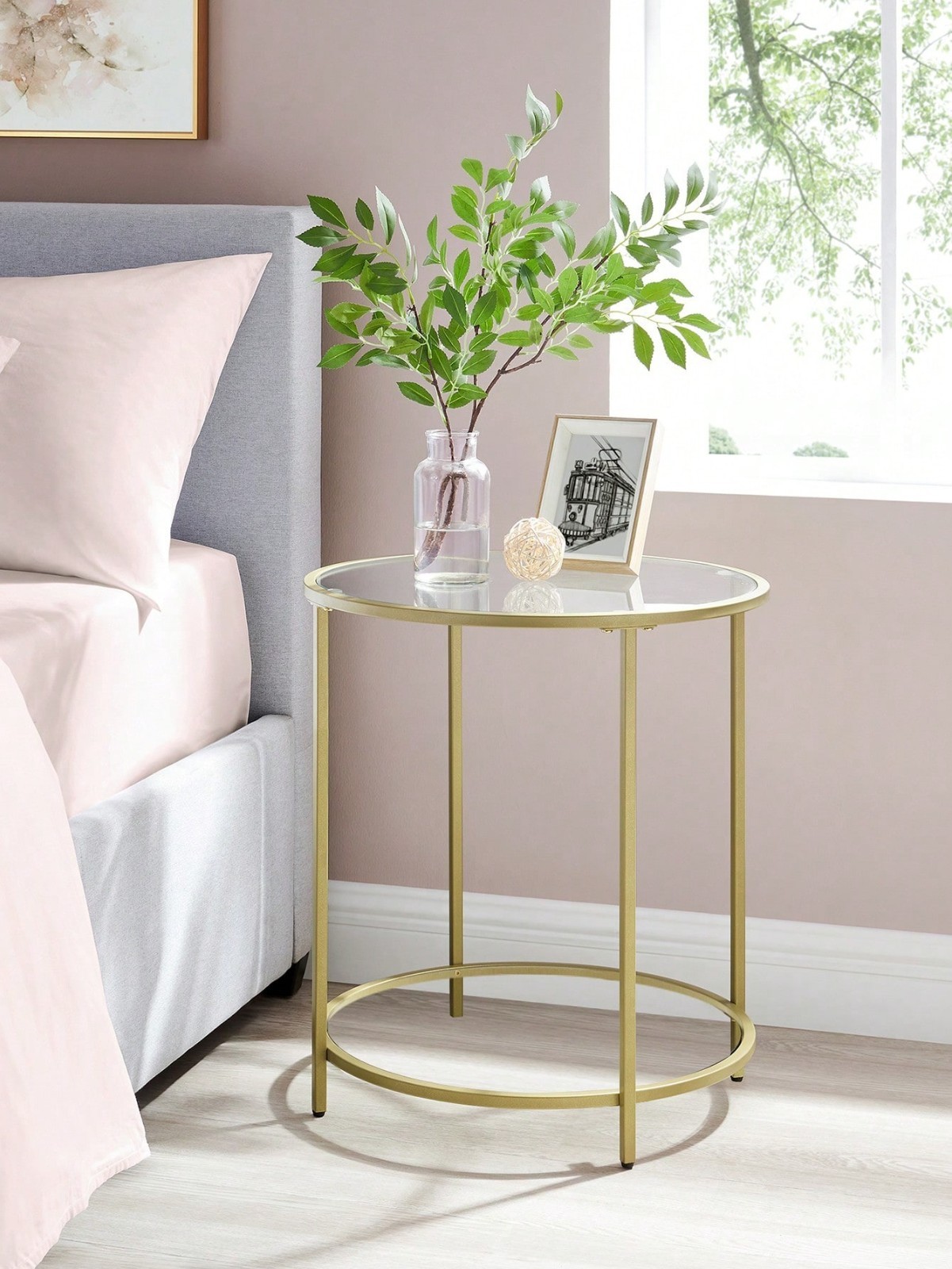VASAGLE Round Glass Side Table Gold Metal Frame For Living Room Bedroom