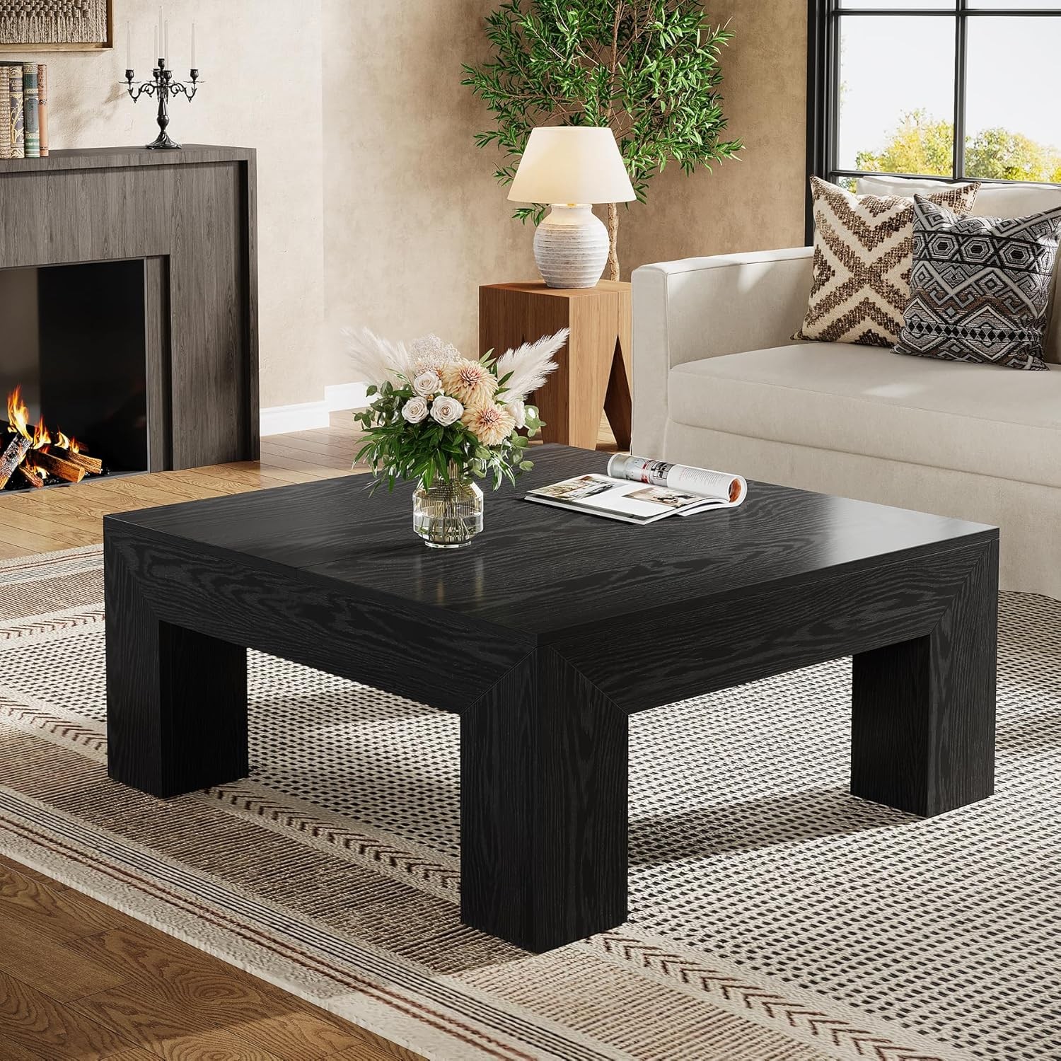 39.4-Inch Black Square Coffee Table Modern Center Cocktail Table for Living Room