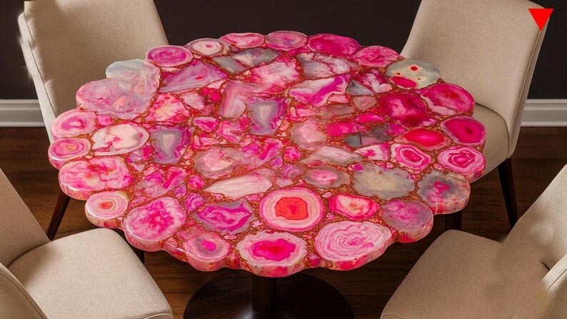 Pink Agate Round Scalloped Table Handmade Luxury Gemstone Accent Table 24″