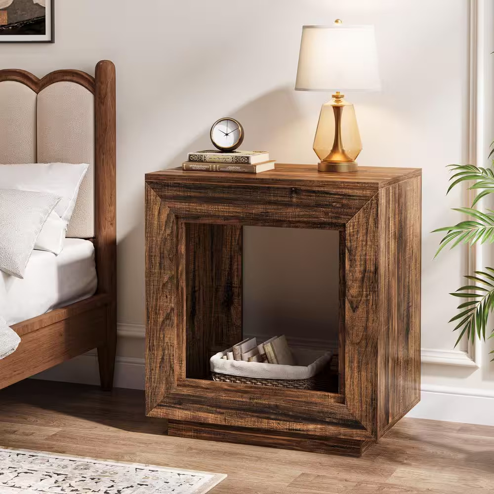 Kerlin 23.62 In. Walnut Rectangle MDF Side Table 2-Tier End Table with Metal Fra