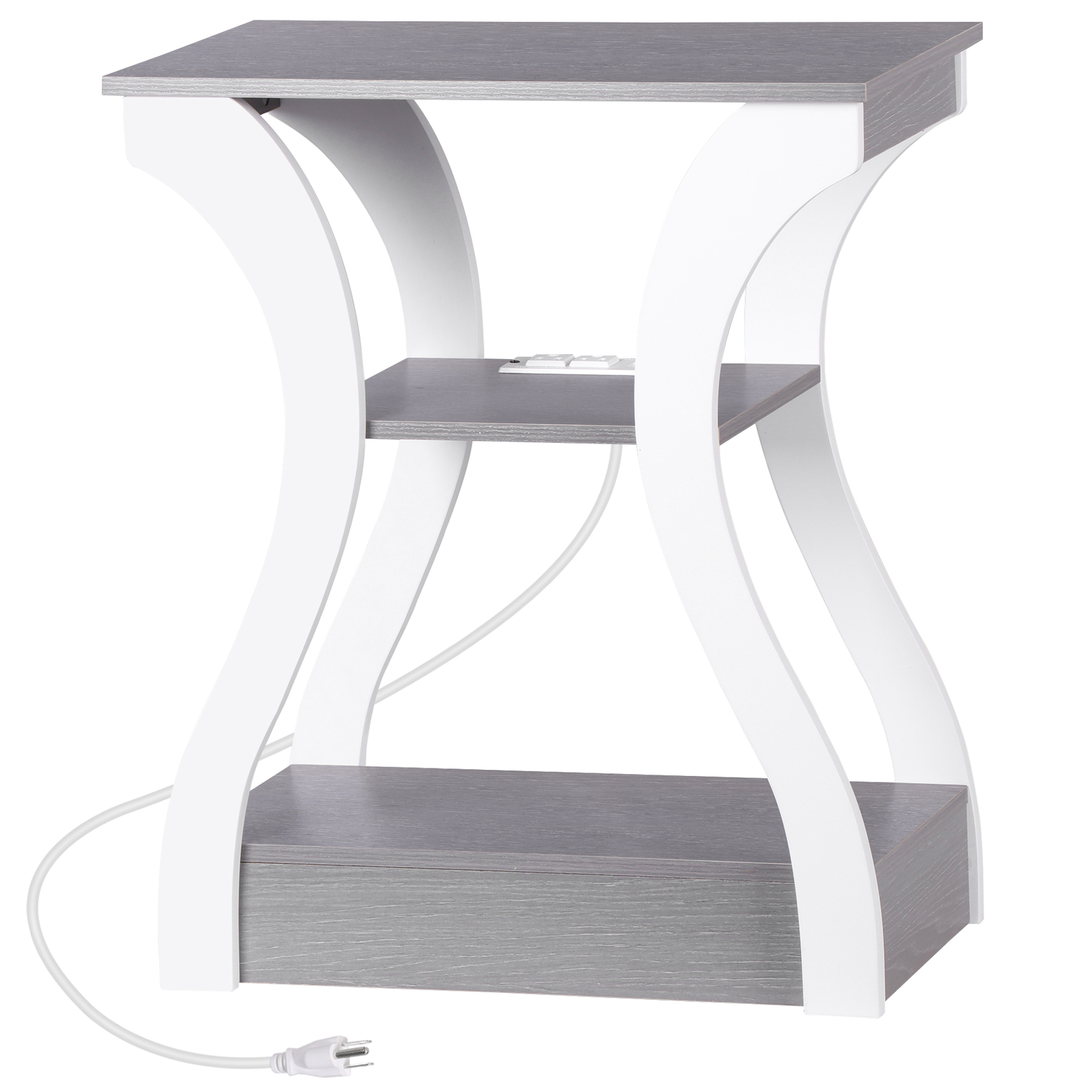 End Table Side Table 3-Tier Storage Shelf for Small Space with Outlet Grey+White
