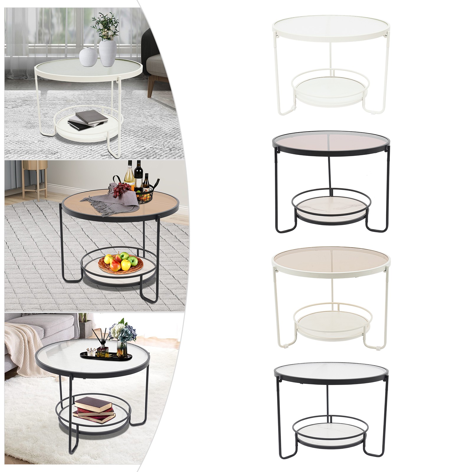 Modern Round 2-Tier Side Table – Black/White& Teal/Clear, Tempered Glass 60/40cm