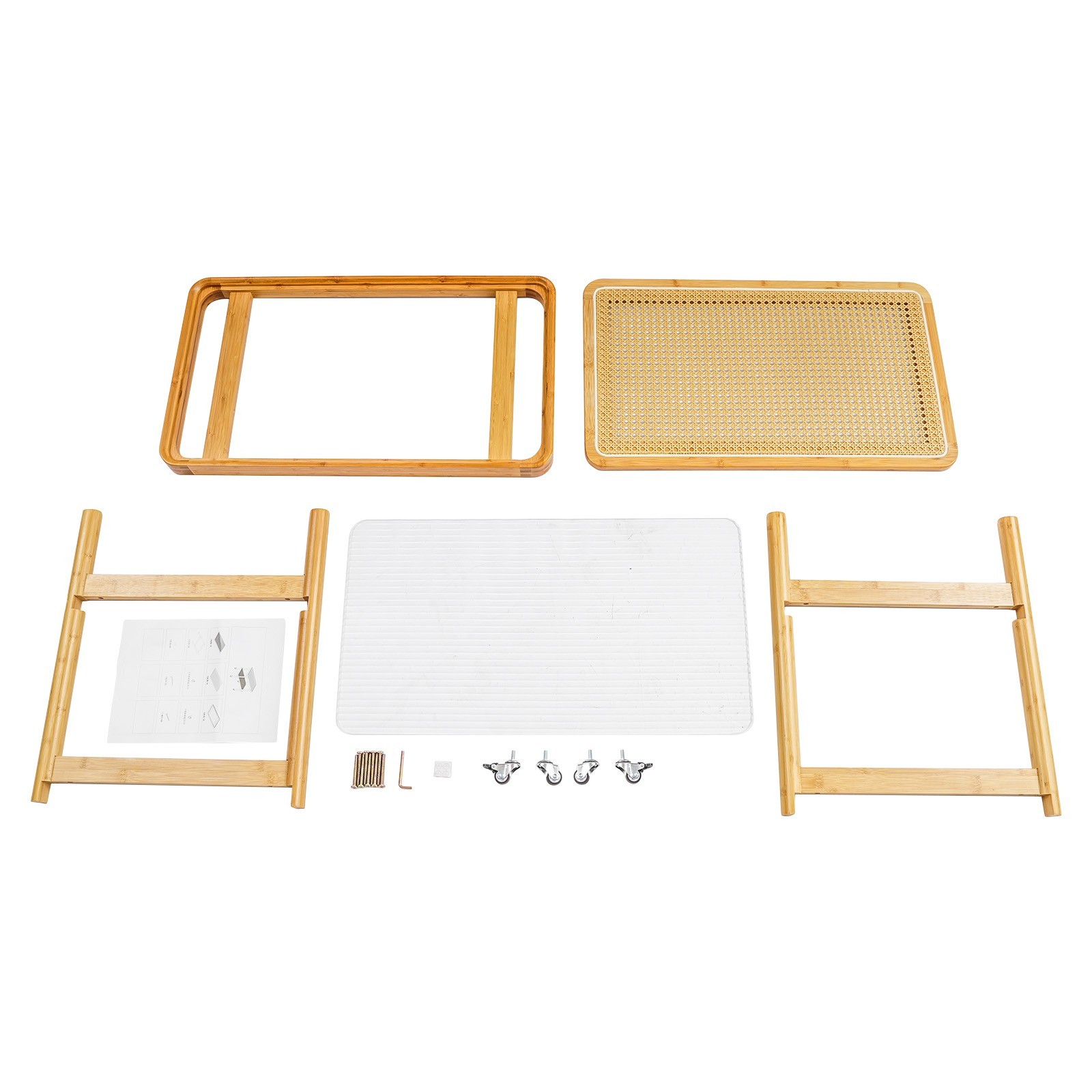 Tempered Glass, Resin, Bamboo Coffee Table with Wheels, 2 Shelves Sofa Table US