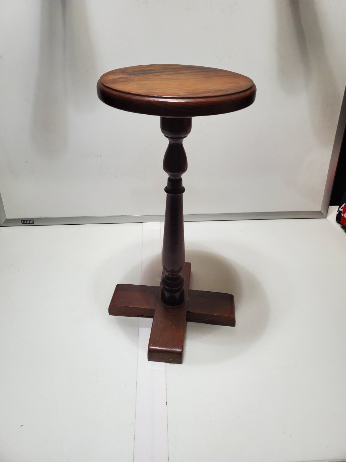 Round Dark Wood Pedestal Plant Stand Table with Cross Base, Brown Solid