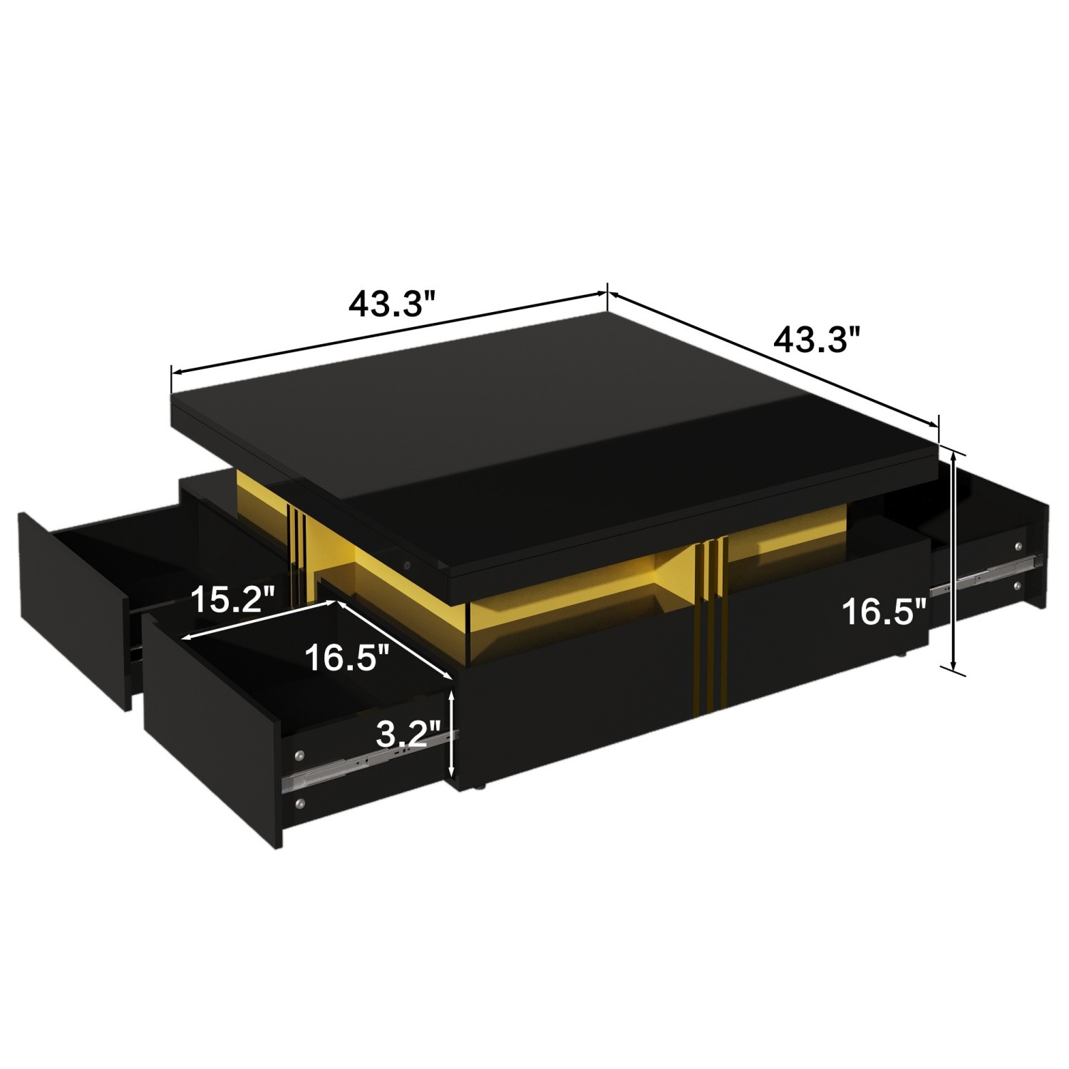 Modern Glossy Square Coffee Table End Table w/ 4 Storage Drawers for Living Room