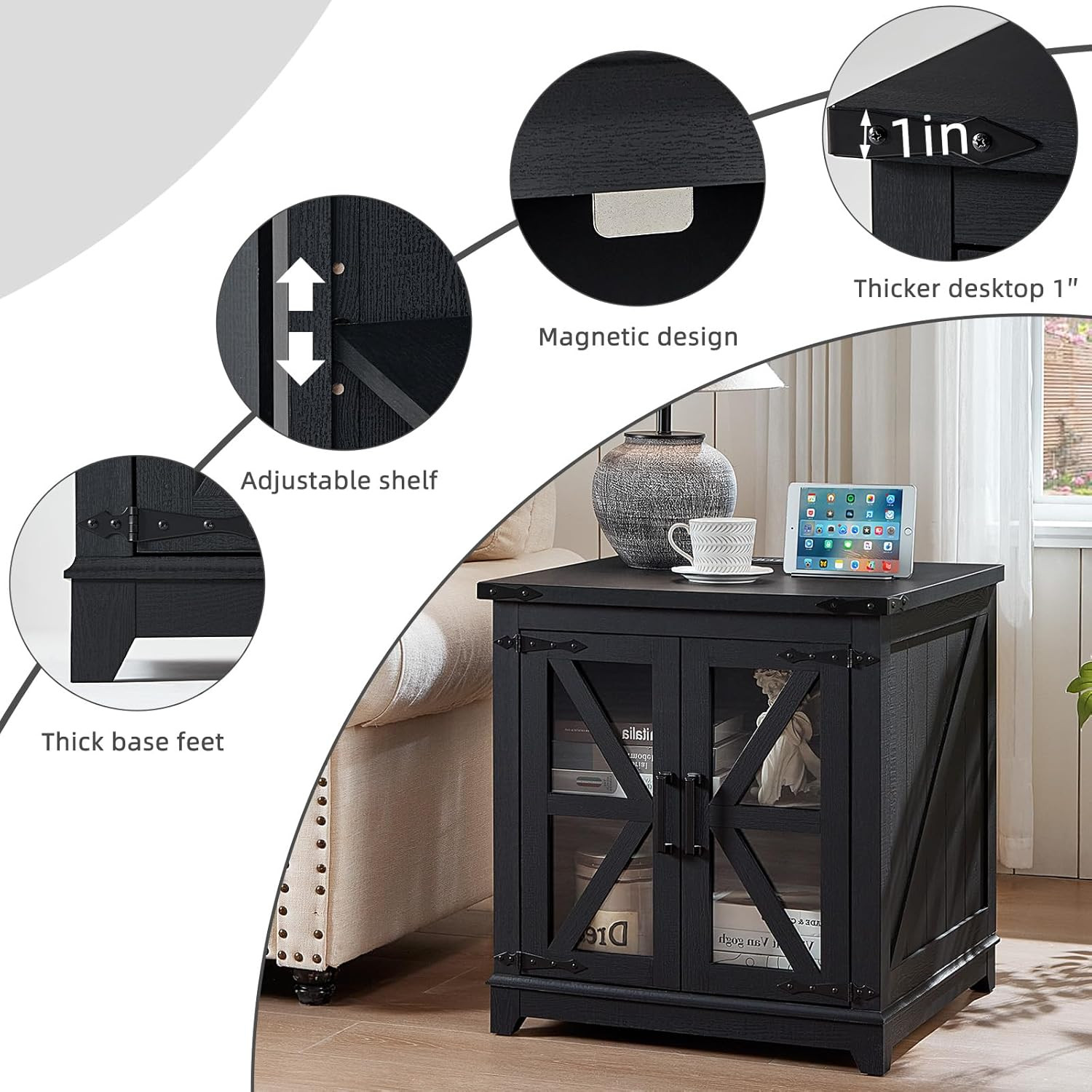 Farmhouse End Table with Charging Station, 24″ Large Sofa Side Table with Glass