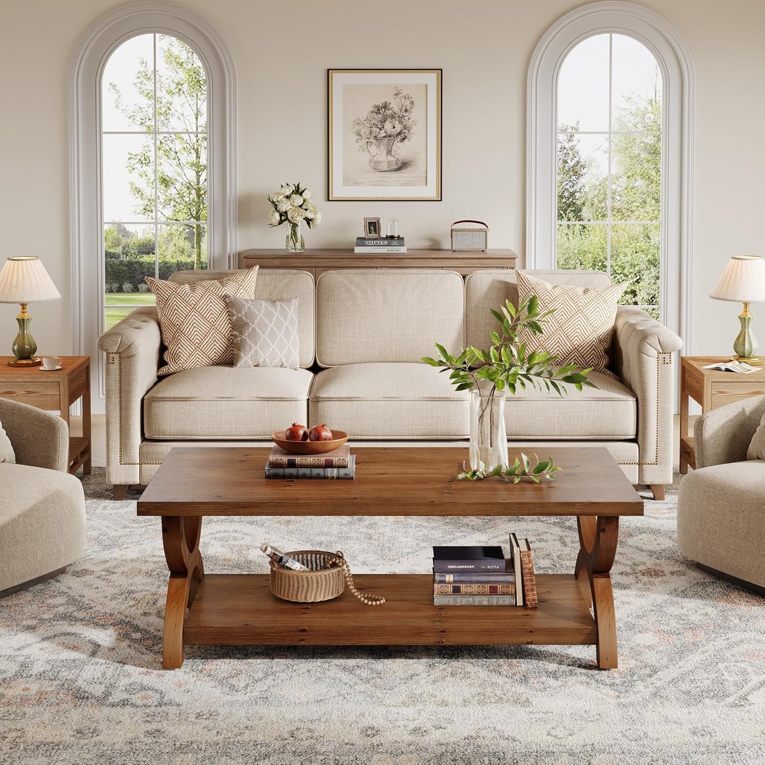 47.2-Inch Rectangle Solid Wood Coffee Table with Storage Shelf for Living Room
