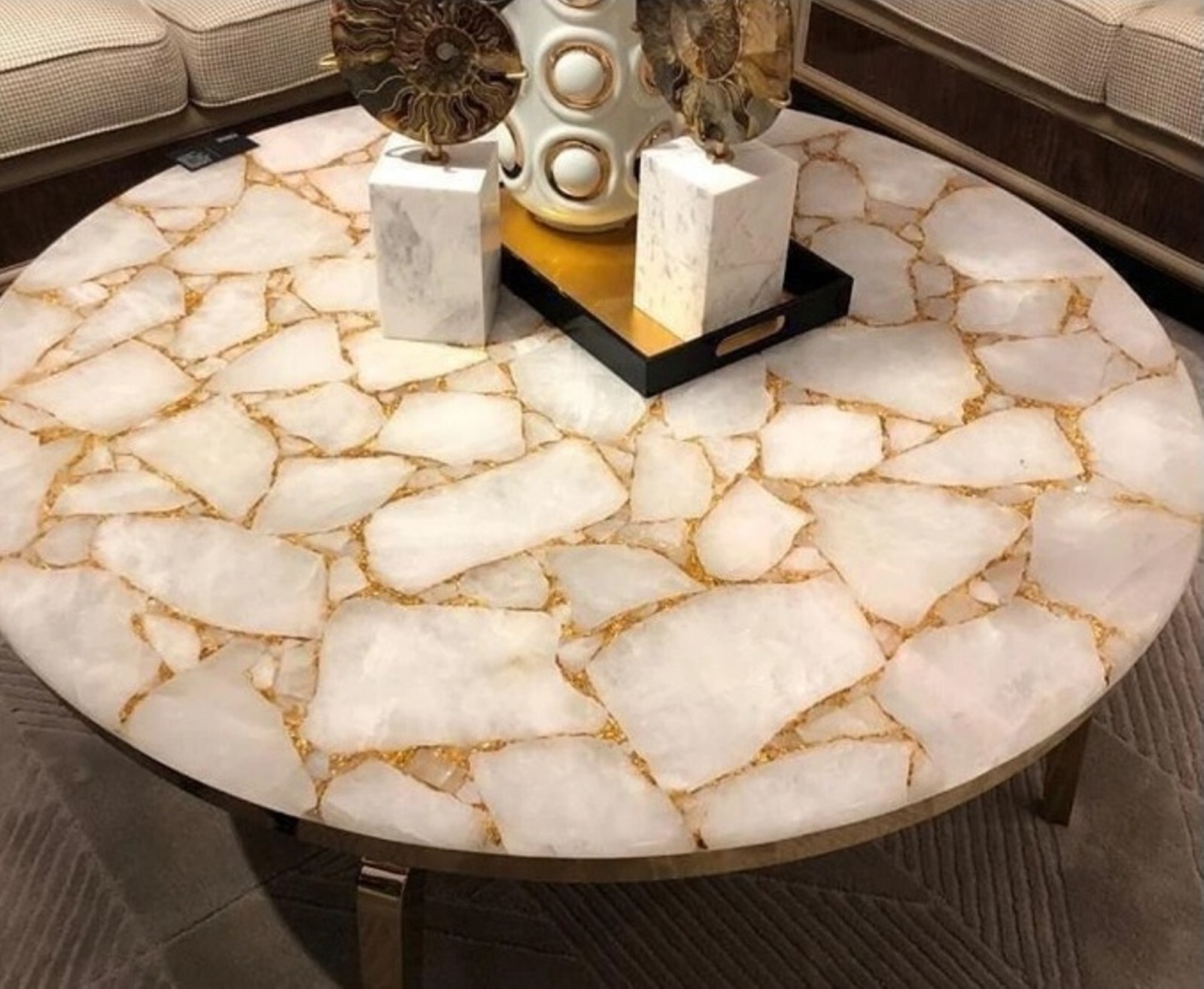 White Quartz with Golden Foil Sofa Table , Epoxy Coffee Table Top , End Table