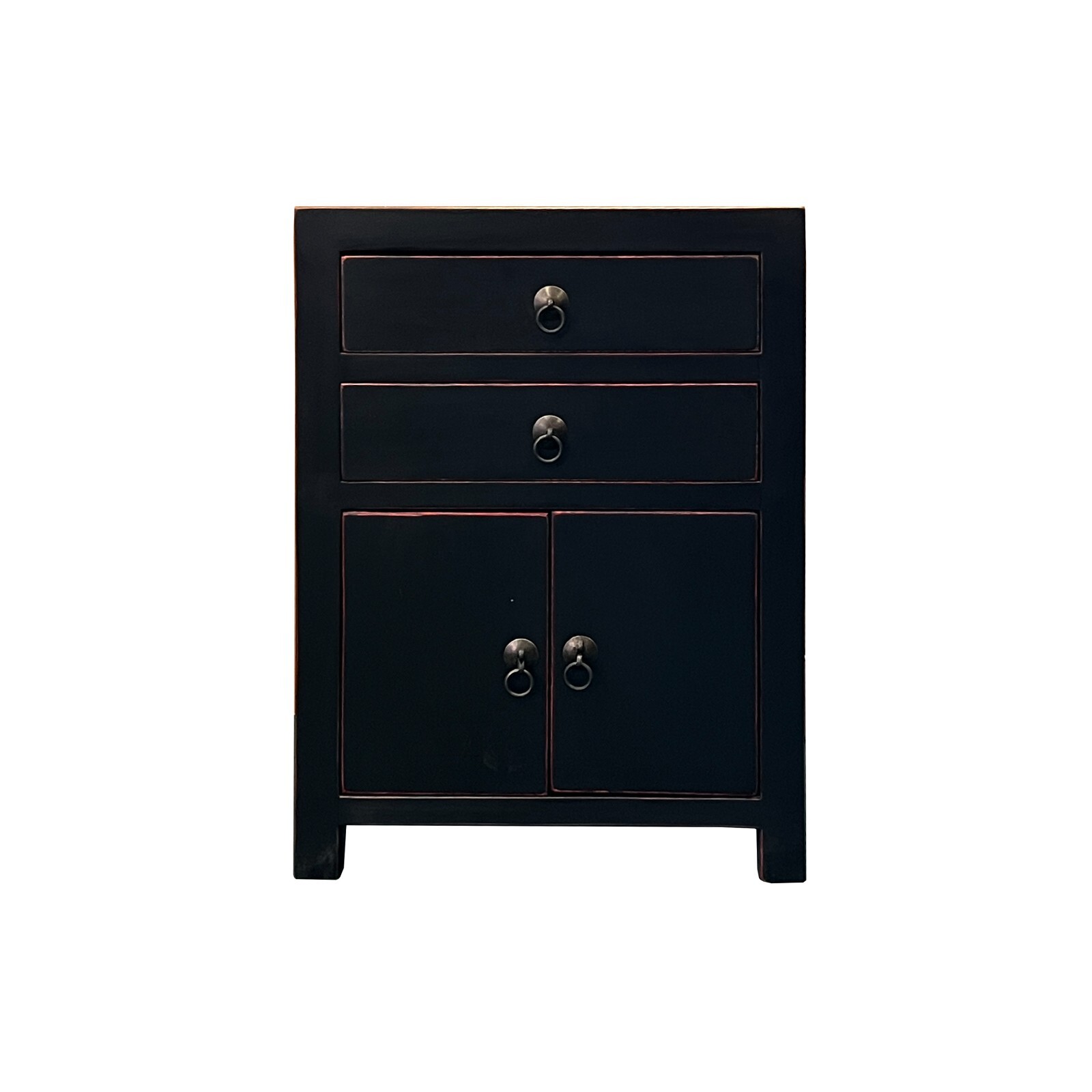 Chinese Oriental Distressed Black 2 Drawers End Table Nightstand cs7584
