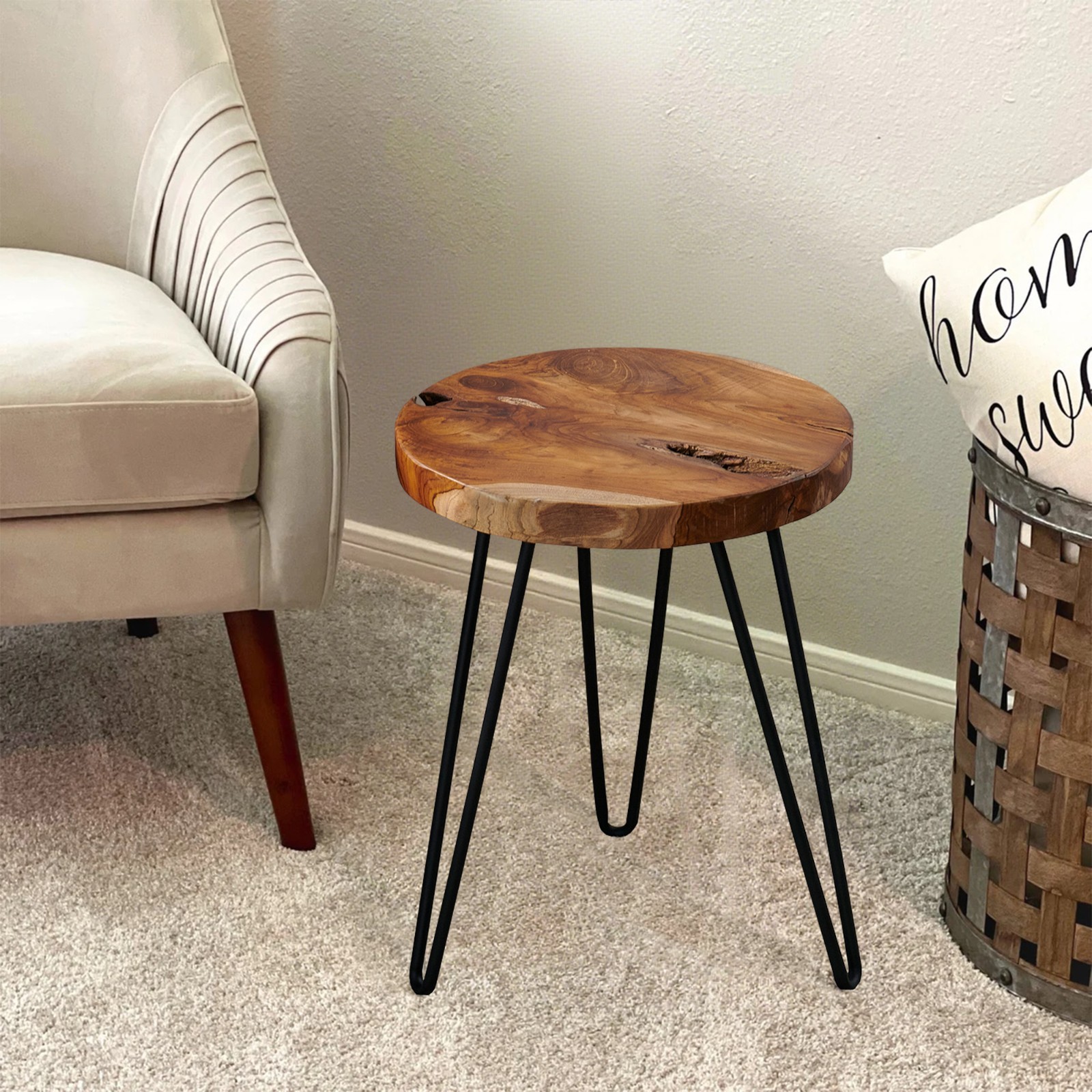 Greenage Rustic Teak Round End Table –Natural Wood Side Table Nightstand 21″ H
