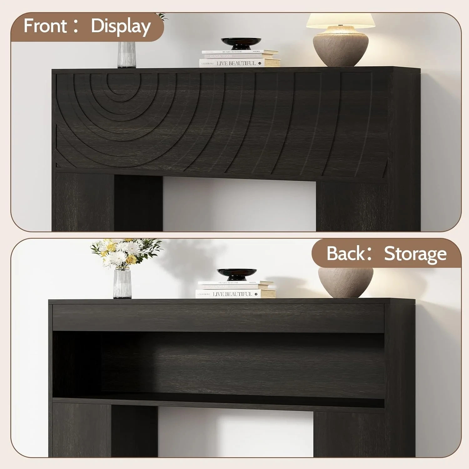 43″W Farmhouse Wood Console Table with Unique Carved Design for Entryway Black