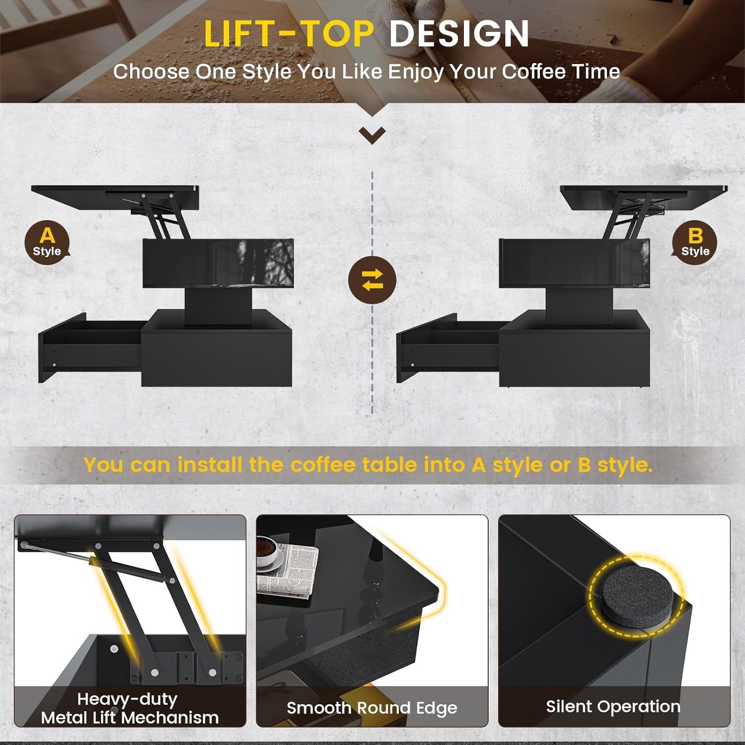 47.2″ Lift Top Coffee Table wih 2 Drawers & LED Light for Dining Reception Room