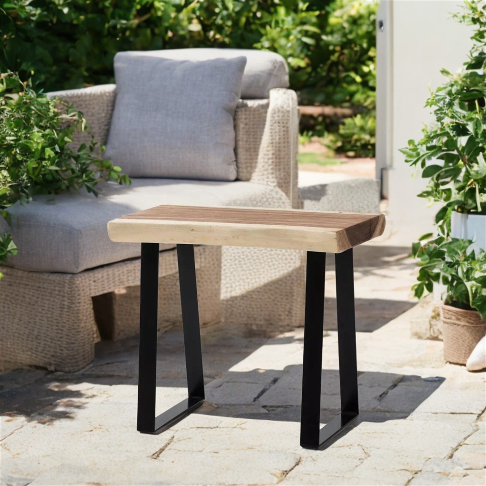 Natural Solid Wood Rectangle Bench Coffee Side Table with Metal Legs Rustic