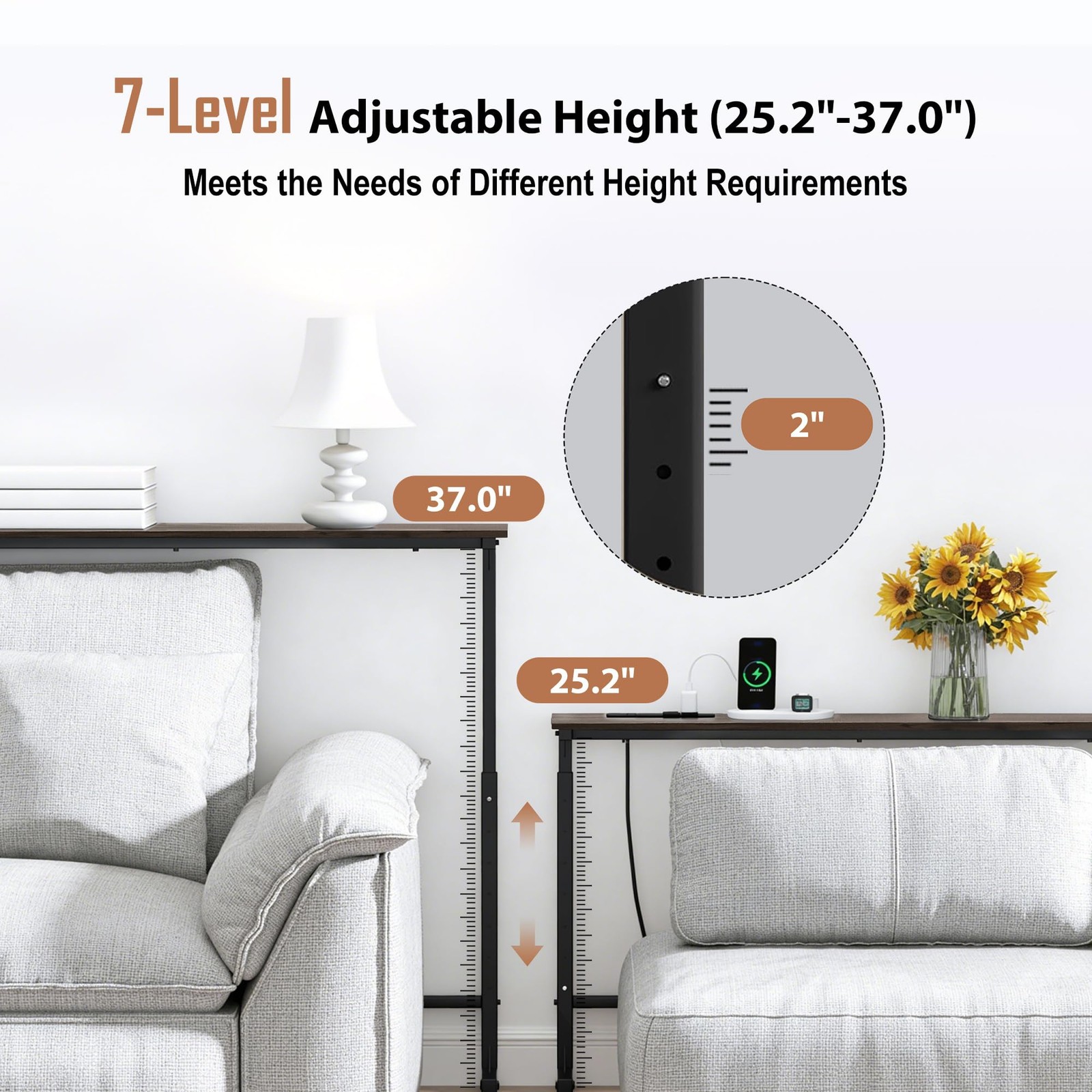 Adjustable Height Narrow Sofa Table 78″ Long Console Power Outlets Charging