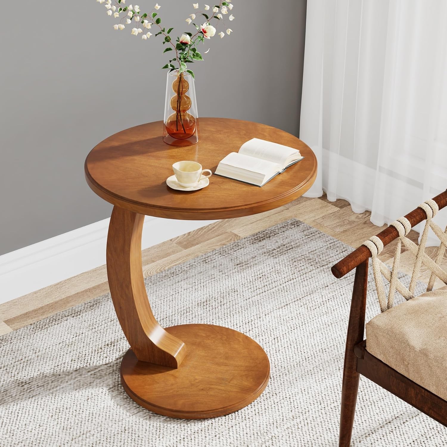 C-Shaped End Table, Wooden Round Side Sofa Table, Mid-Century Modern End Table