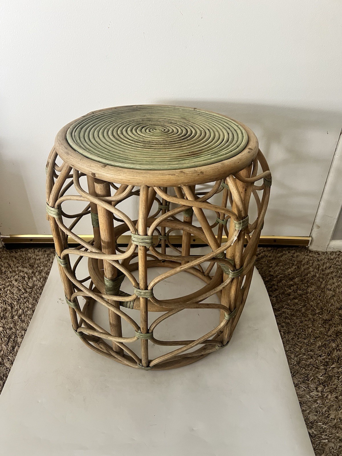Vintage Rattan Bamboo Side Table Plant Stand Coiled Top Accent Boho Chic MCM