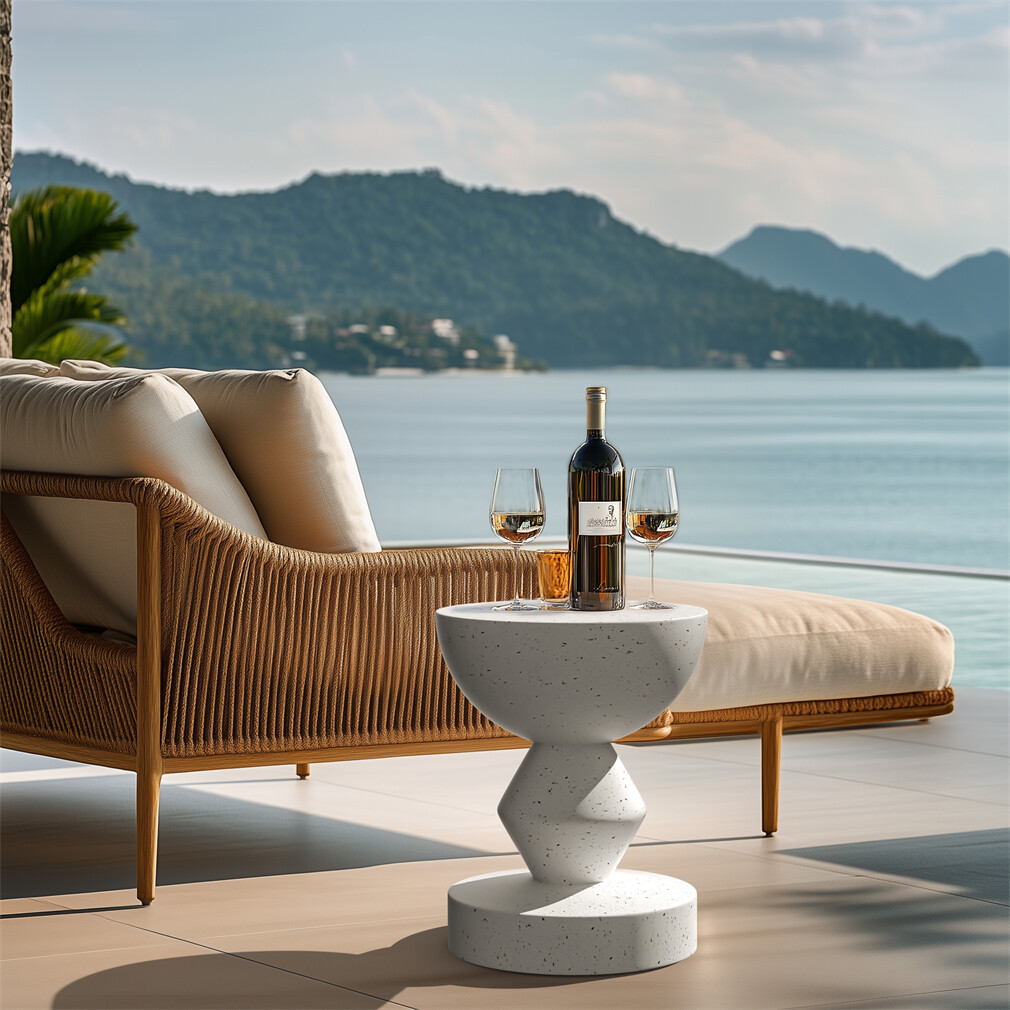 Unique Lightweight Concrete Side End Table Outdoor Faux Terrazzo Thick Pedestal