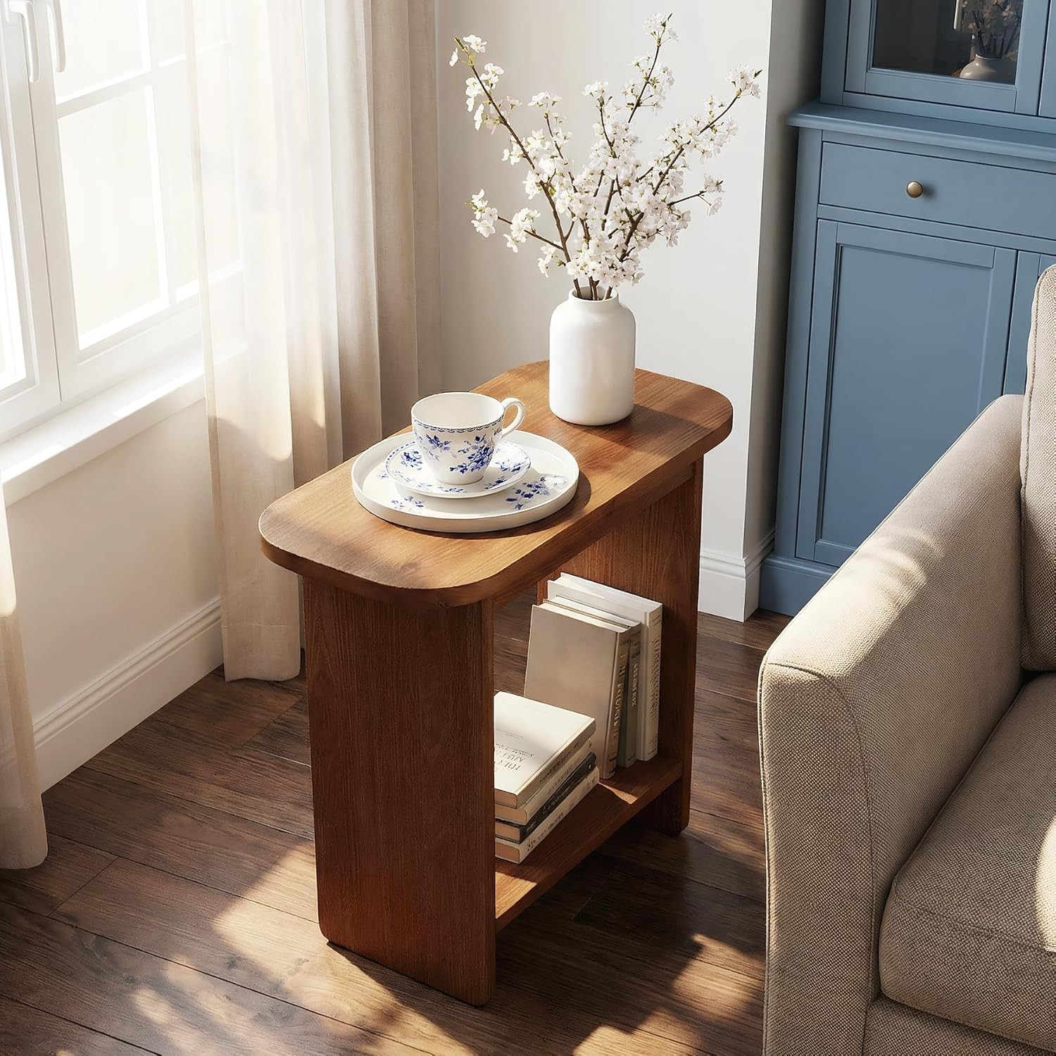 Modern Solid Wood Side Table Narrow H-Shaped 2-Tier End Table with Storage Shelf