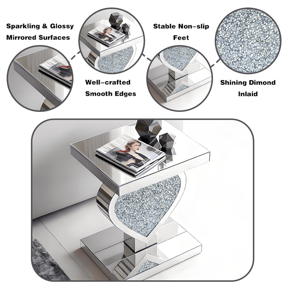 23.6″heart-shaped diamond set mirrored edge table，Modern light luxury home style