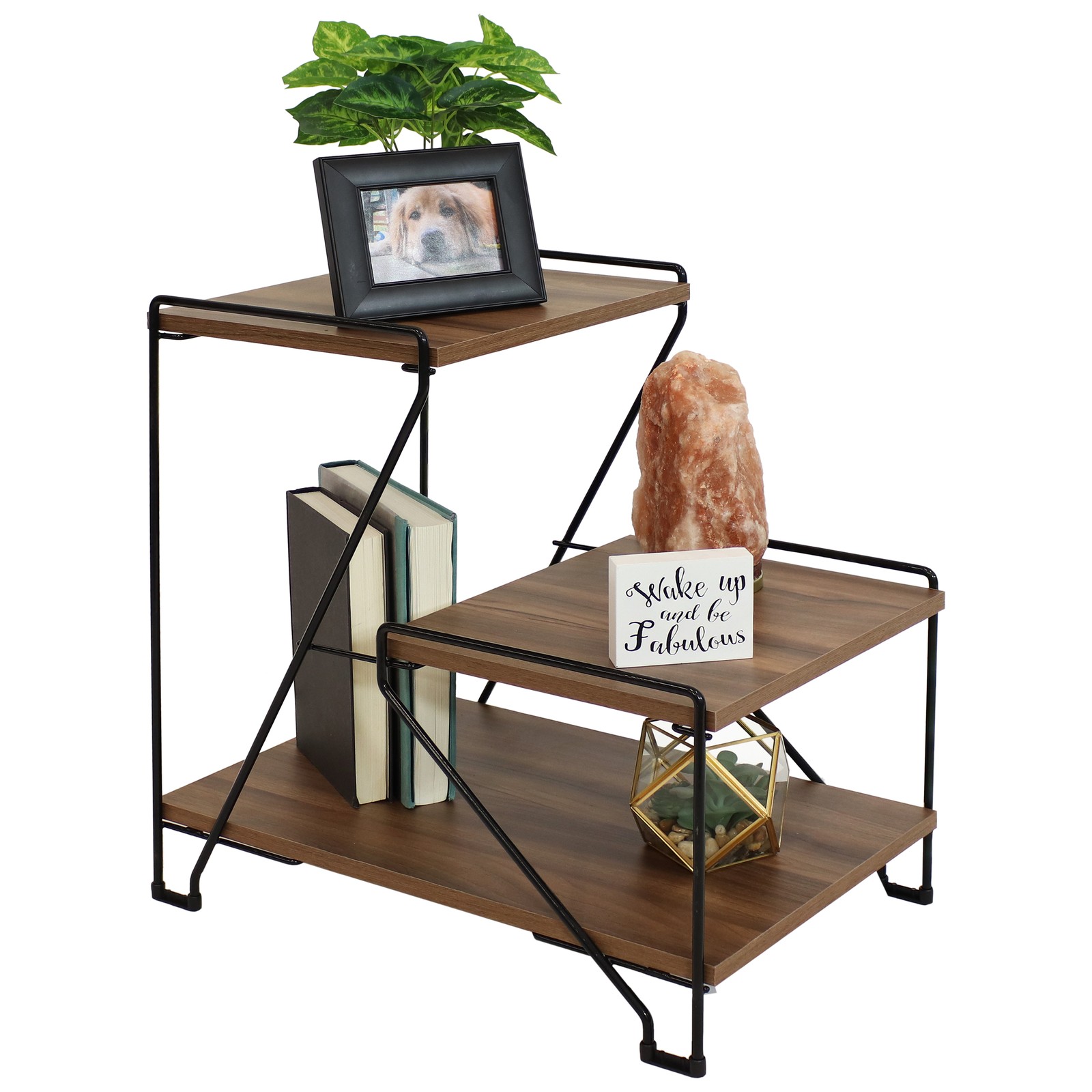 Indoor 3-Tiered Wire Accent Table with Faux Woodgrain Tabletops by Sunnydaze