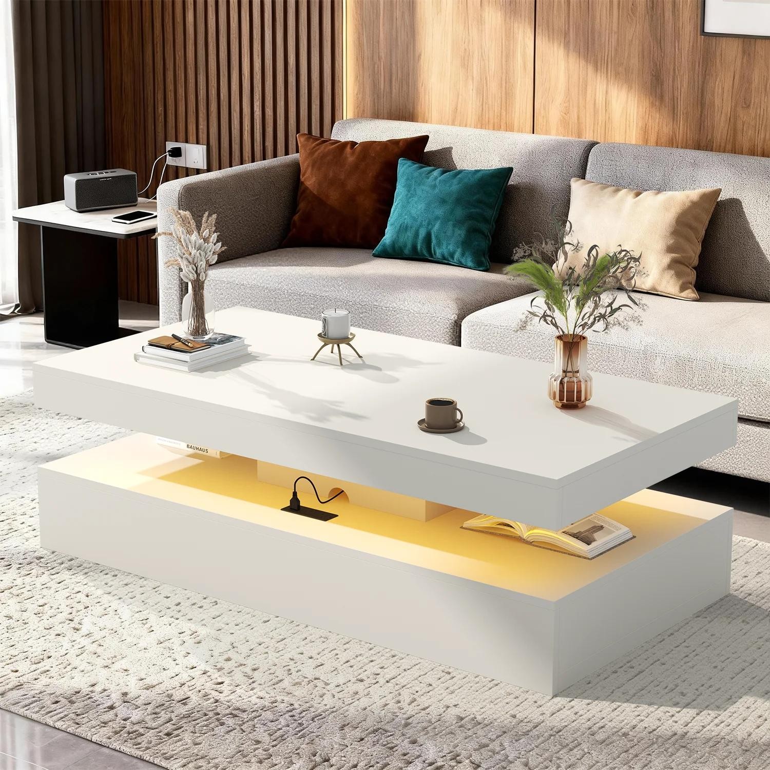 Modern 47″ LED Glossy White Coffee Table W/ 2 Drawers USB AC & Type-C Stations
