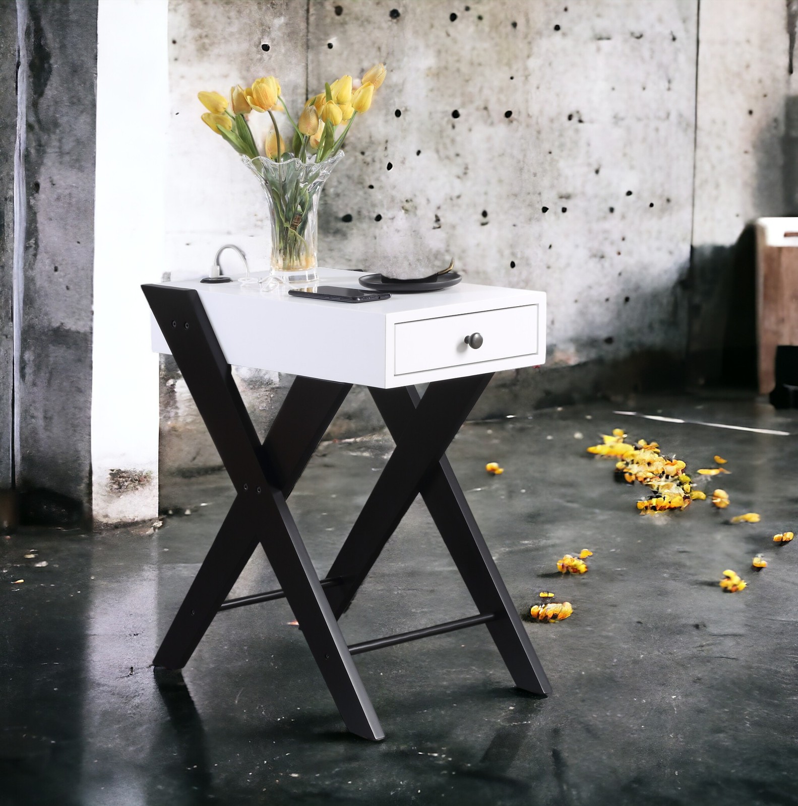 White & Black Accent Table with USB Port & Drawer, 24″H