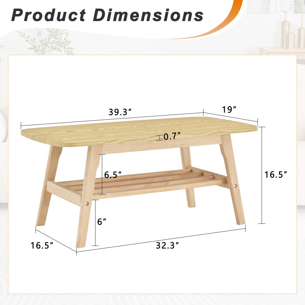 39 in solid wood coffee table – double-layer storage wooden center coffee table