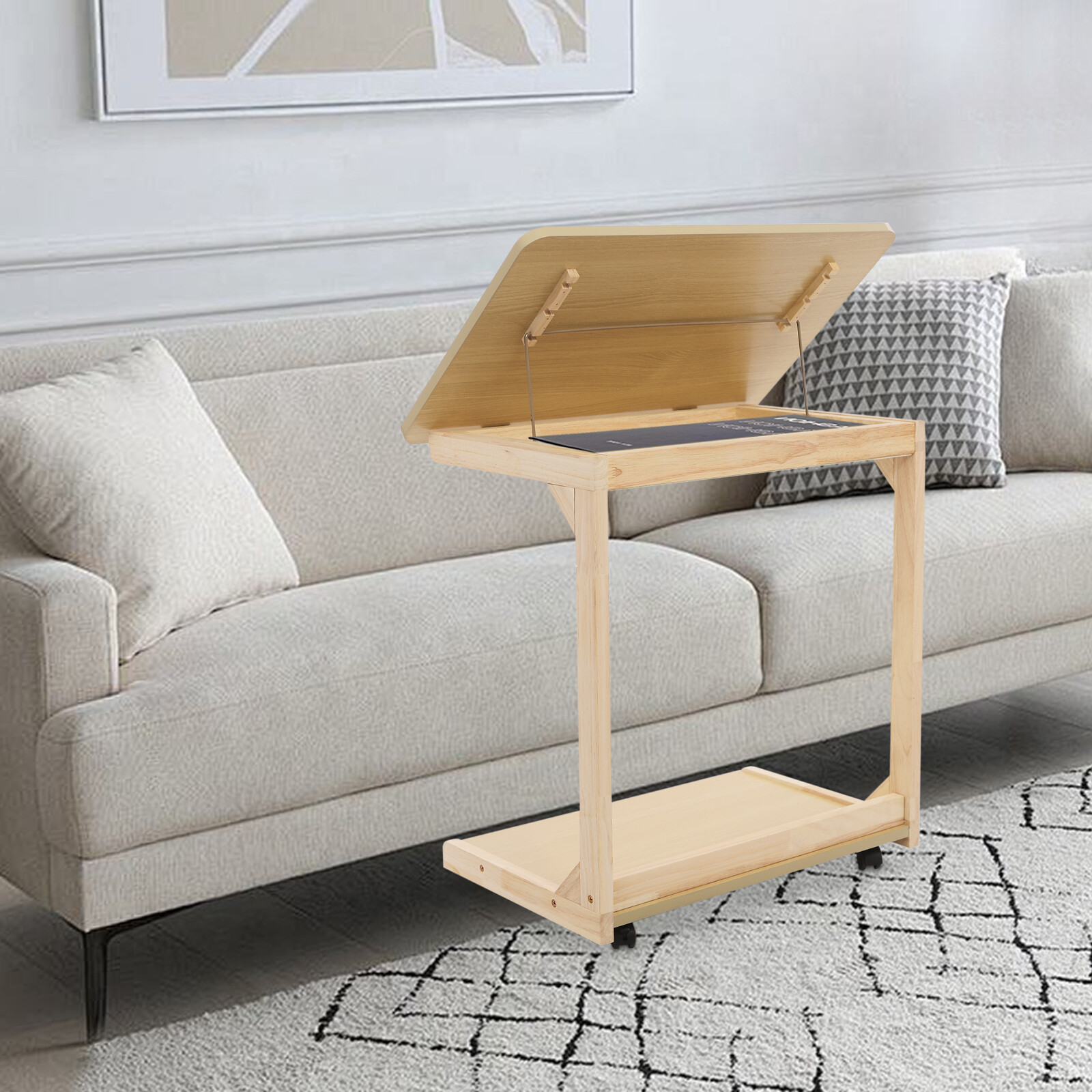 C Shaped End Table 23.62*15.75*24.8in Sofa Table Adjustable Tilt Angle W/ Wheels