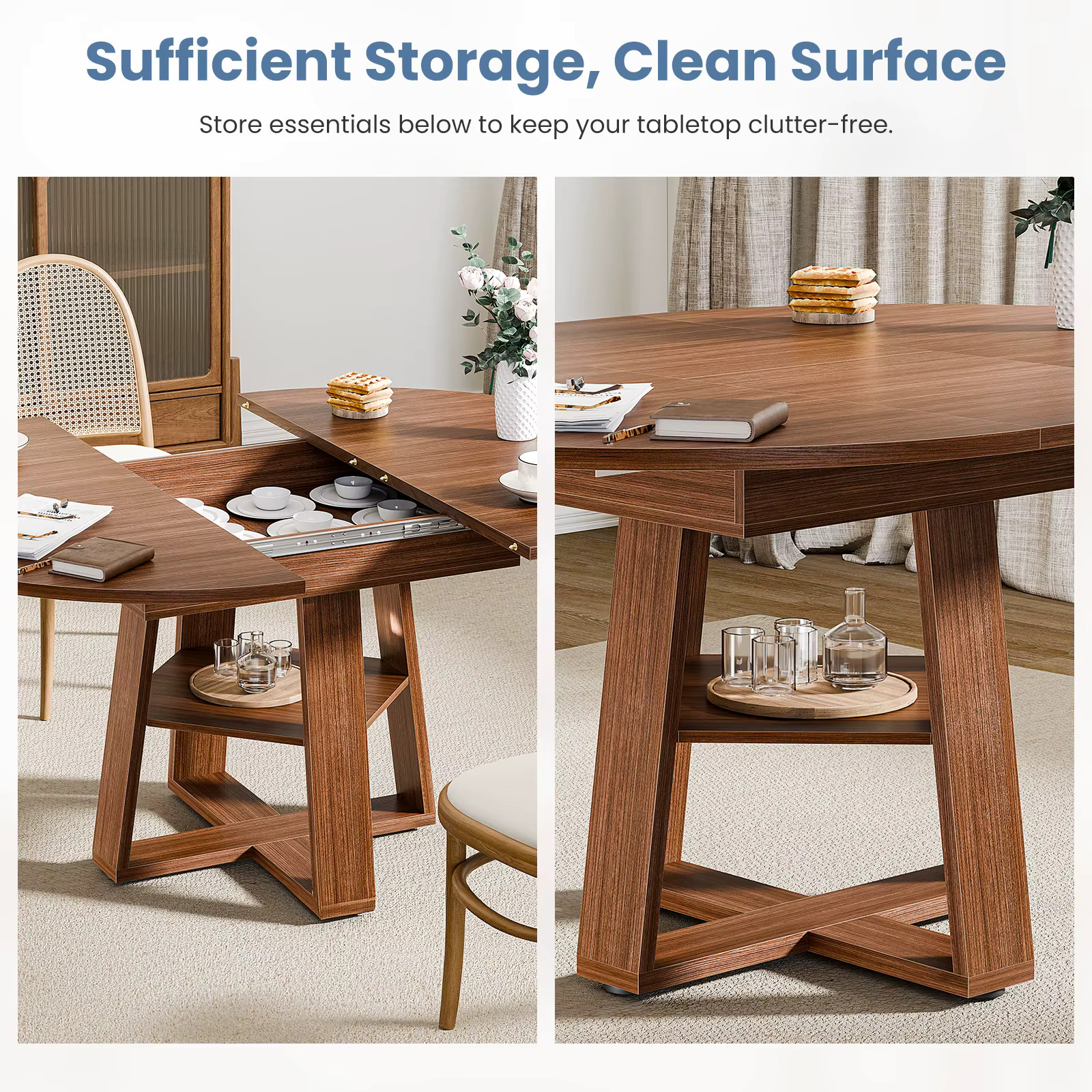 Extendable Wood Round Dining Table Oval Kitchen Storage Shelf Pedestal Base