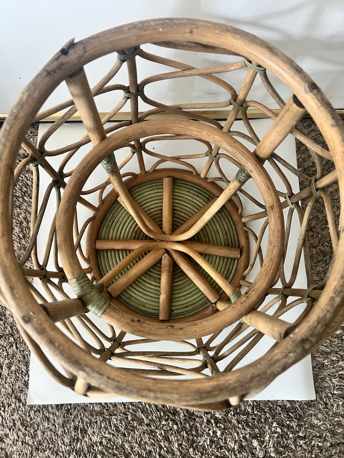 Vintage Rattan Bamboo Side Table Plant Stand Coiled Top Accent Boho Chic MCM