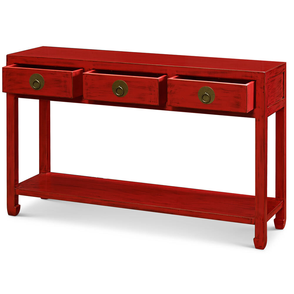 US Seller – Distressed Red Elmwood Chinese Ming Console Table 3 Drawers