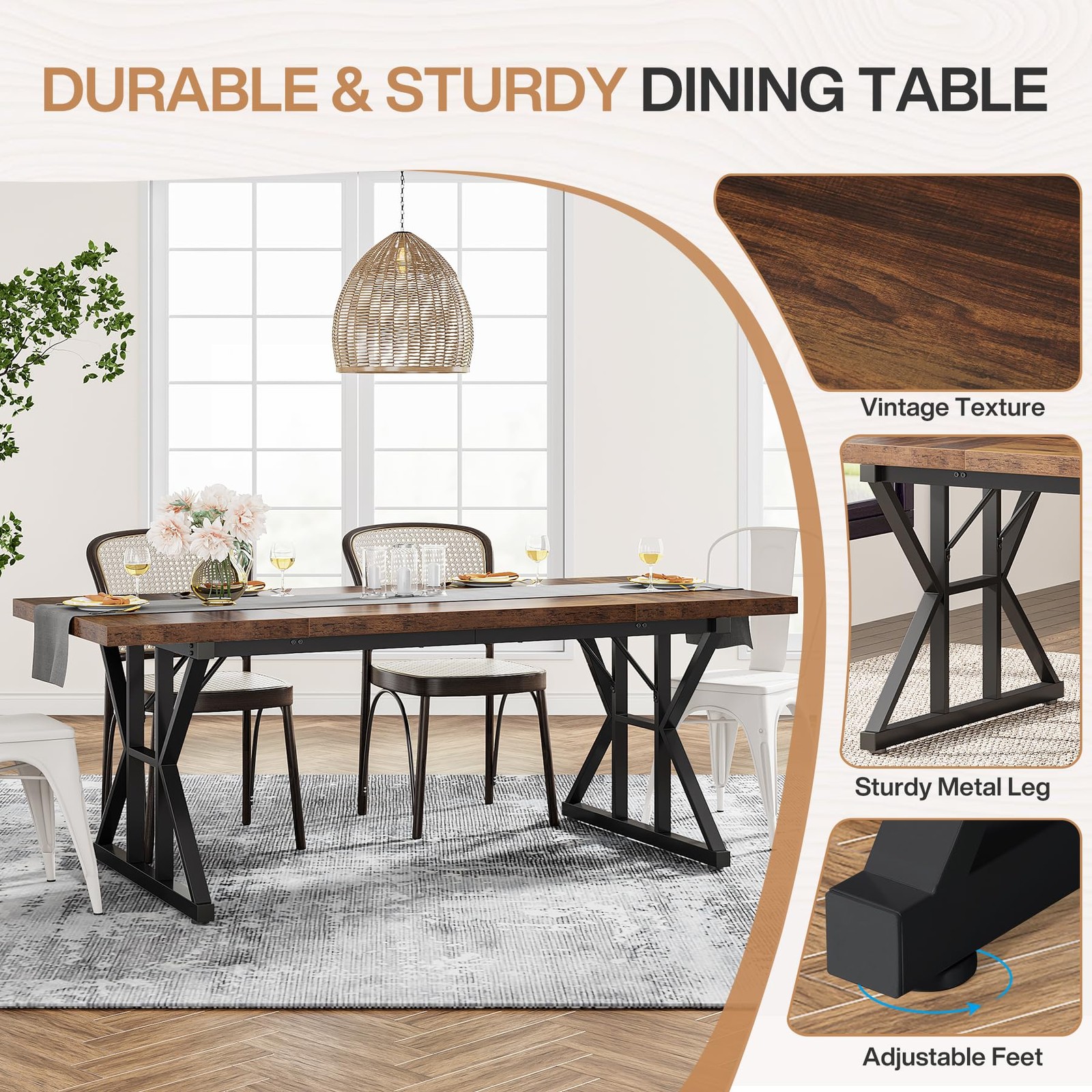 Farmhouse Dining Table for 6 People, 70.8-Inch Rectangular Wood Dining Table,…