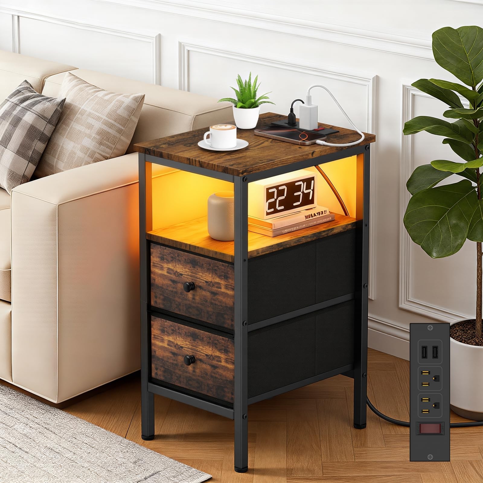 End Table with Charging Station 11.81×15.75×24.8in – 2 USB Ports, LED Light