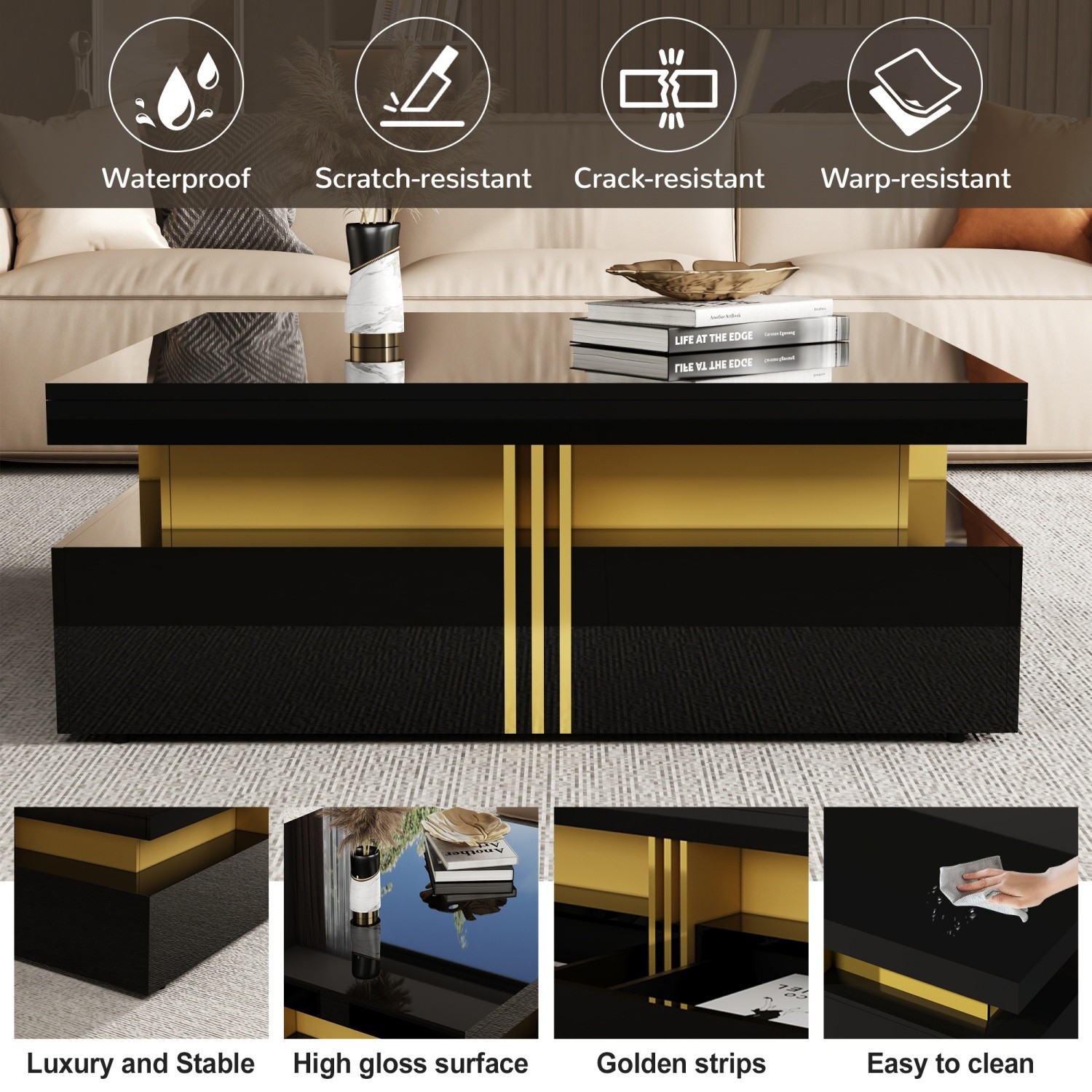 Modern Glossy Square Coffee Table End Table w/ 4 Storage Drawers for Living Room