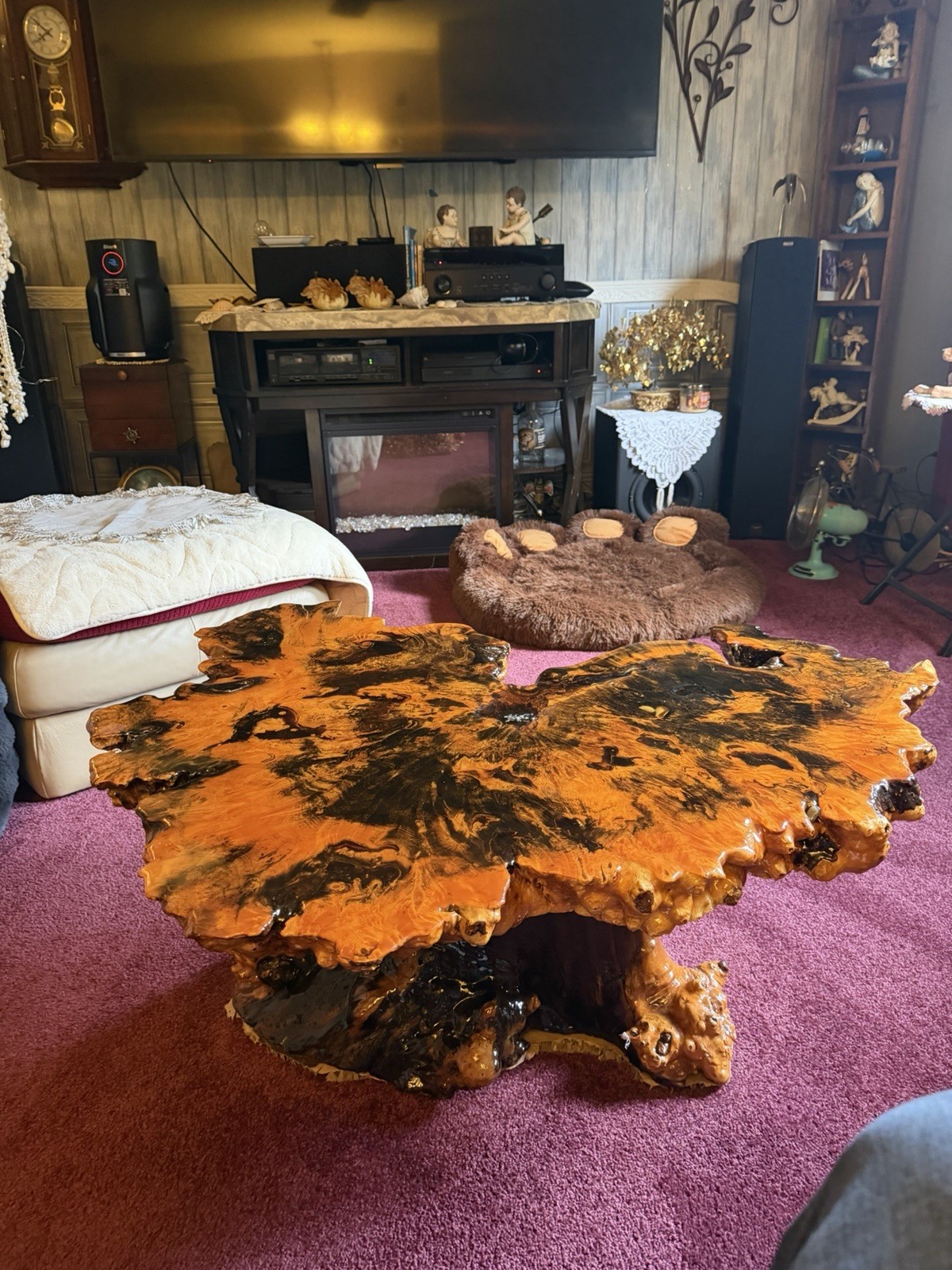 Live Edge Freeform Redwood & Resin Coffee Table 43x36x41 Glossy Brown/Black