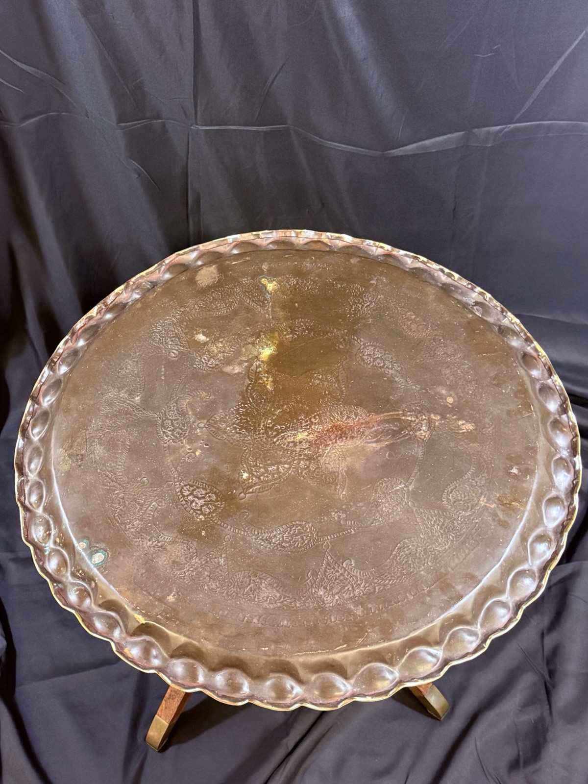 Vintage Brass Boho Moroccan Tray Folding Teak Wood Table Pie Crust MCM