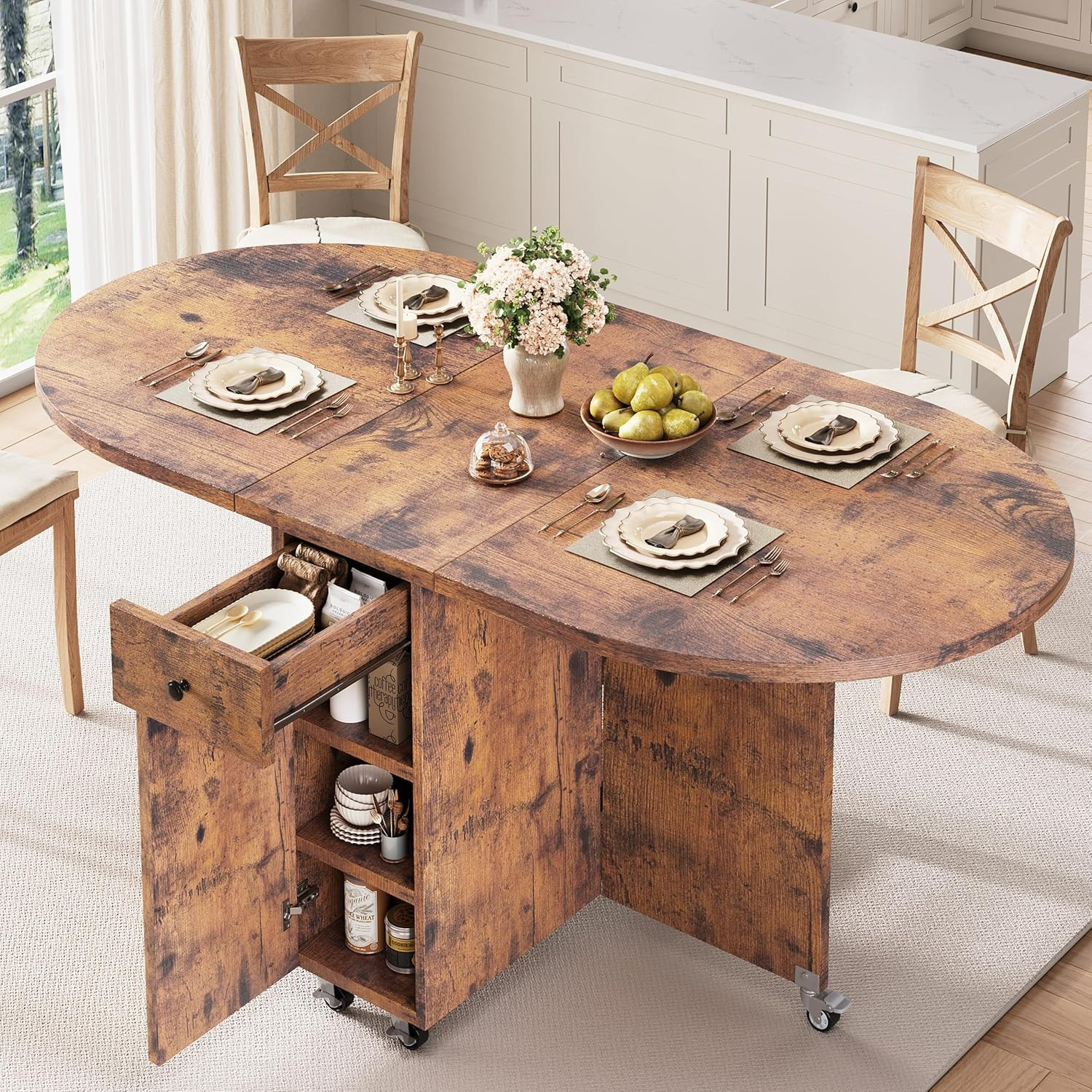 Folding Dining Table for 4 Kitchen Dining Room Dinnertable with Storage Drawer S