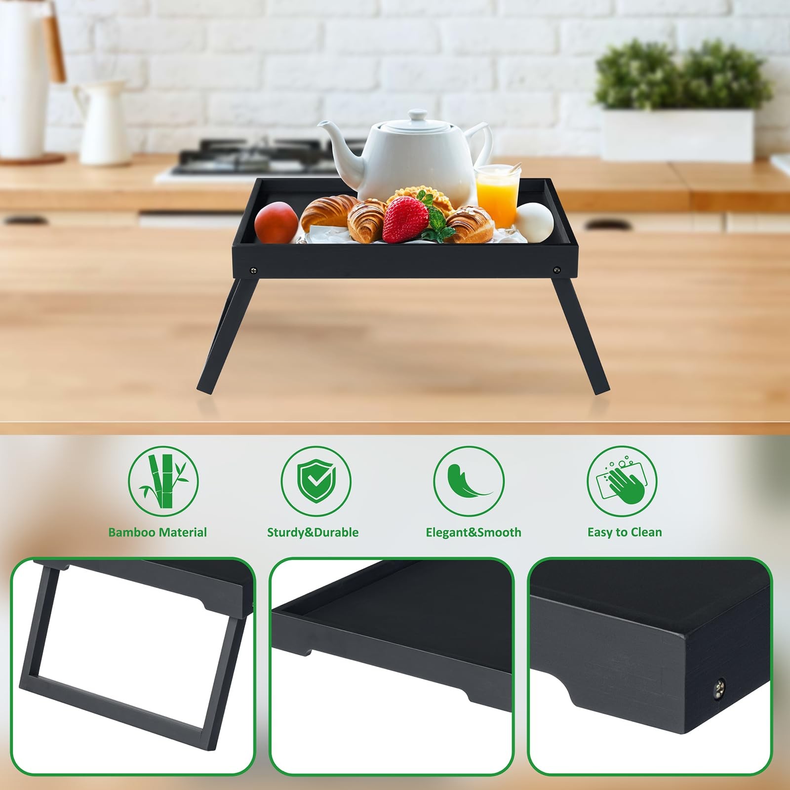 RRX Bed Tray Table with Folding Legs, Breakfast 15.8″ x 11.8″ x 1.6″, Black