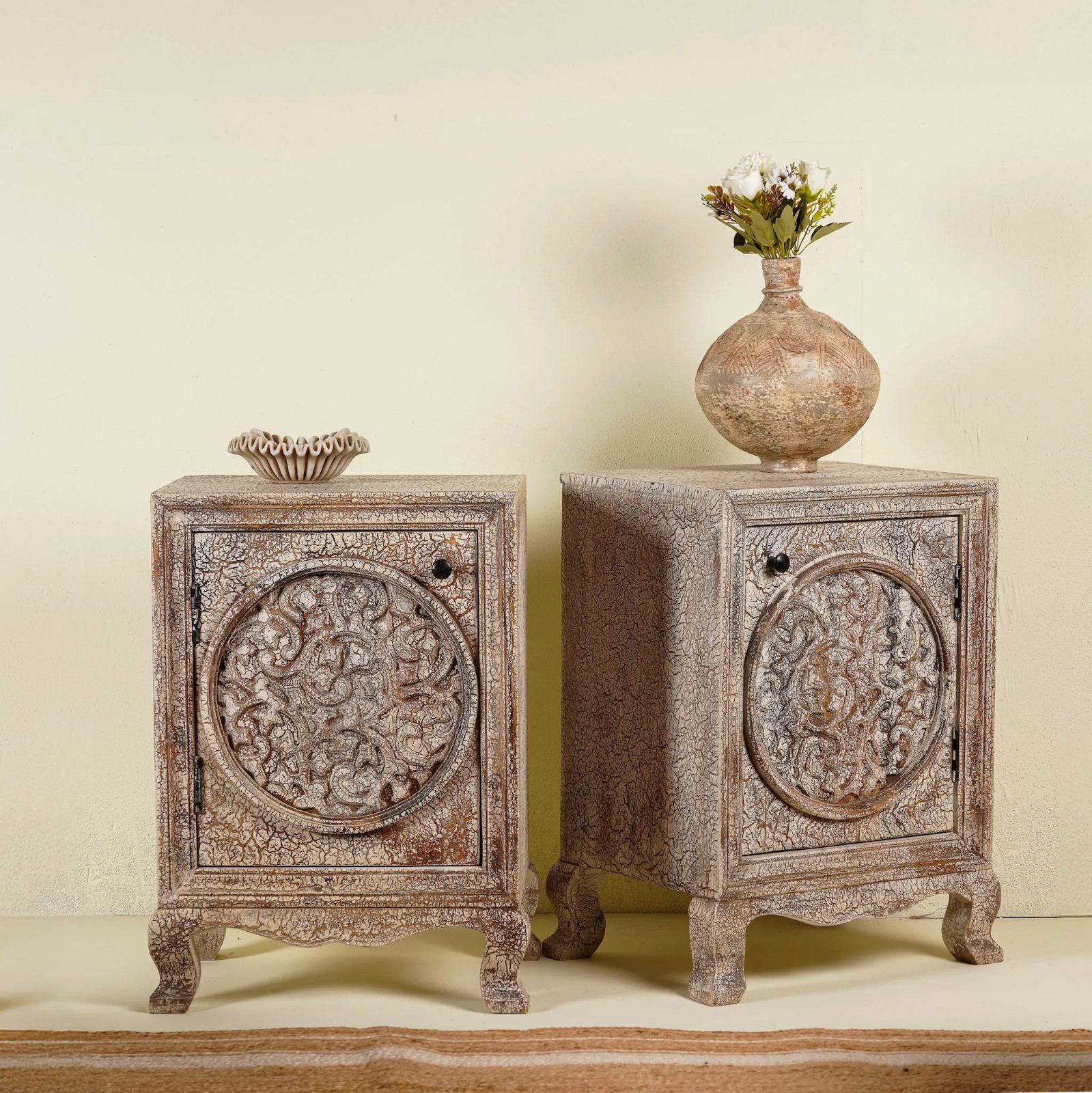 Artisan Handmade Bedside Table Solid Wood Hand Carved 17.7 × 13.8 × 27.6 inches