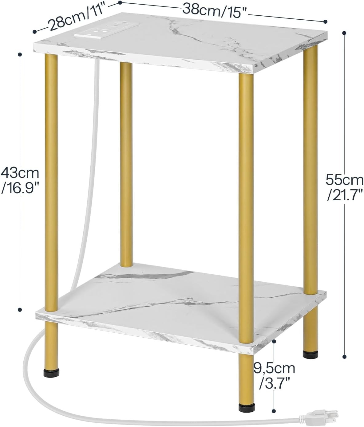 Modern 2-Layer Side Table with Gold Finish and Built-in Charging for Any Room