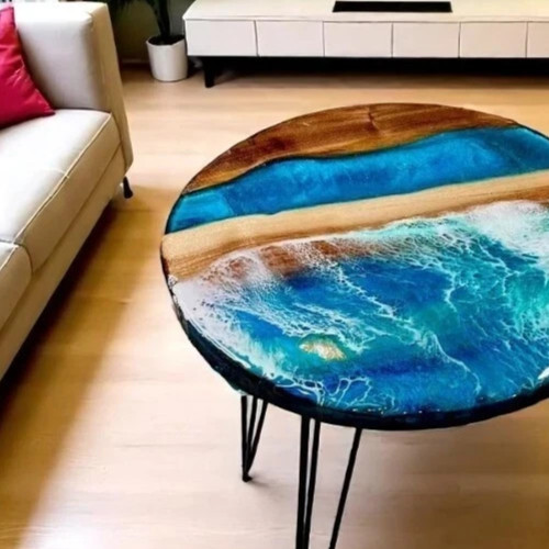 12″ Handmade Luxury Ocean Resin Art Table Blue Sea Wave Design Wood Center Table