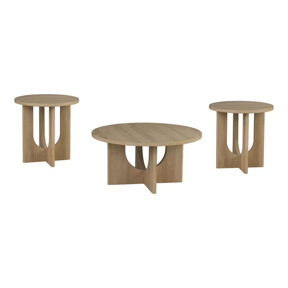 Calsen 3-Piece 36 In. Natural round Wood Top Coffee Table Set with Cross-Arch Ba