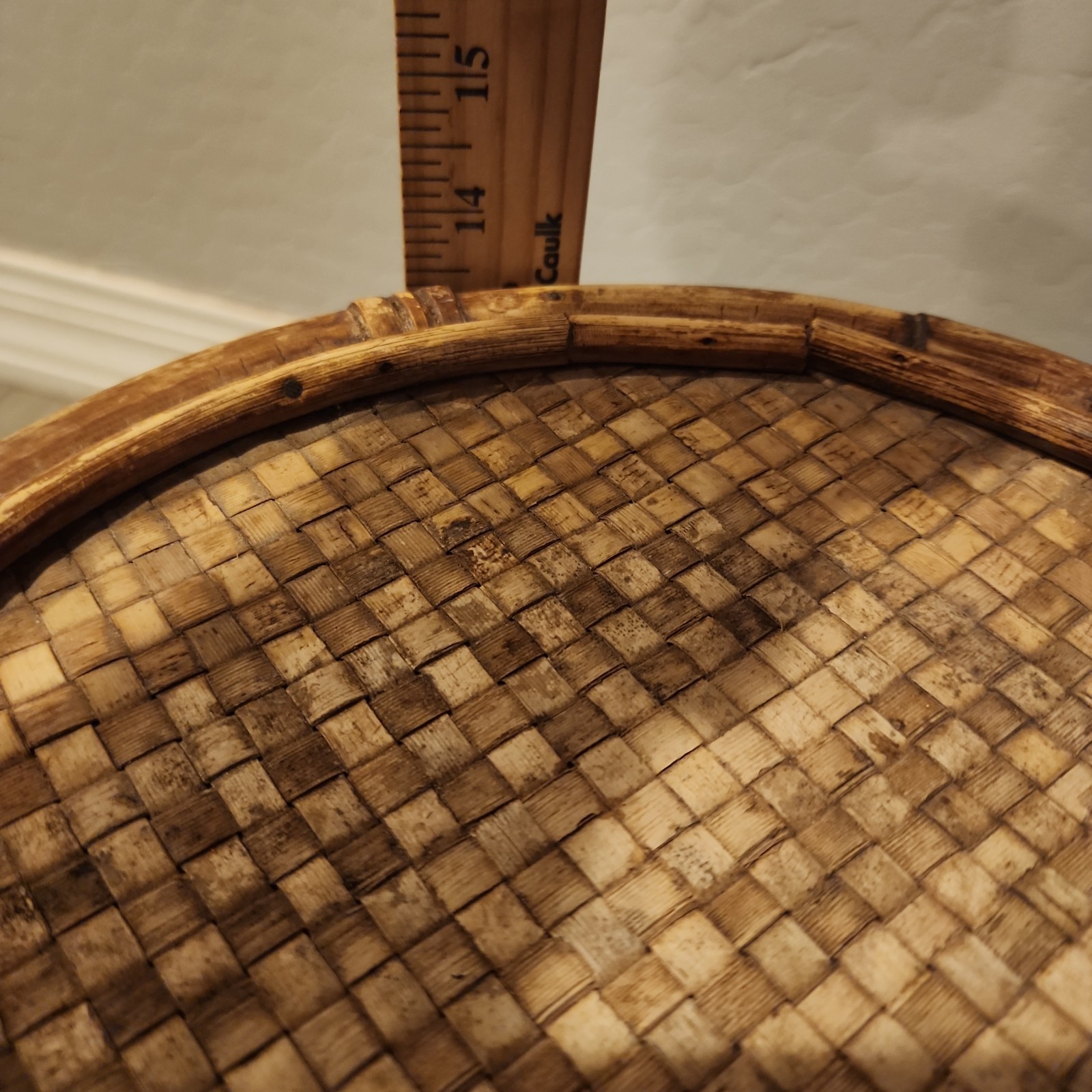 Vintage MCM Rattan Bamboo Side Table Plant Stand Woven Top 13.5” Boho Chic 60s