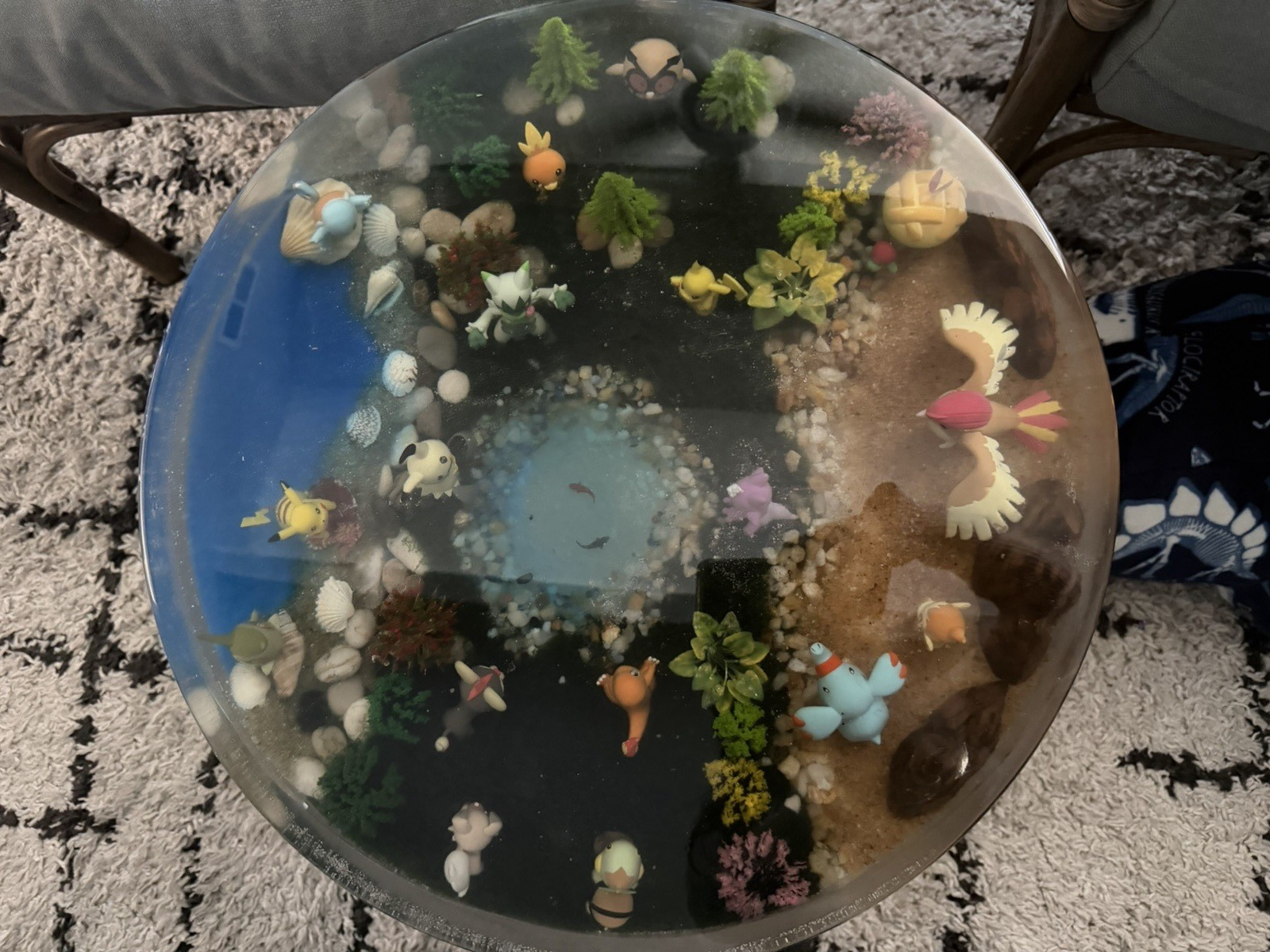Round Multicolor Side Table, Birds & Floral Decorative Glossy Epoxy, 18x4x20