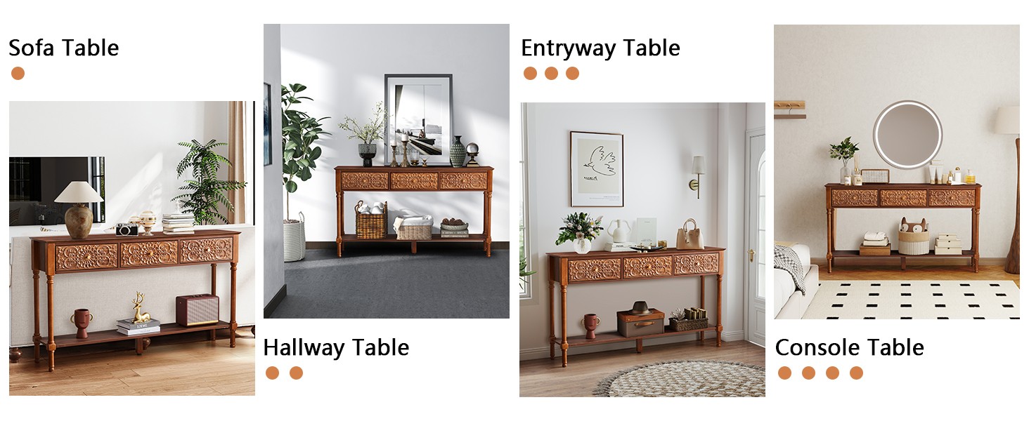 55.5″ Carved Console Table with 3 Drawers, 2-Tier Sofa Table with Glossy Floral