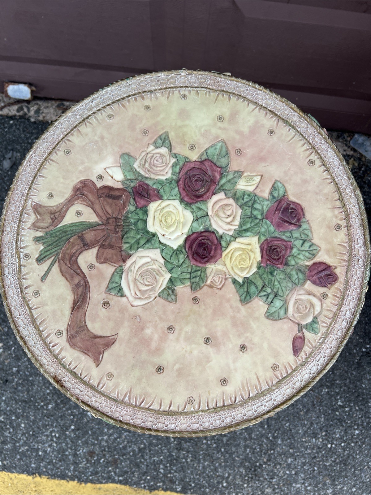 Rare Vintage Rose Carved Pink Resin Accent Table, W Metal Floral Foldable Stand