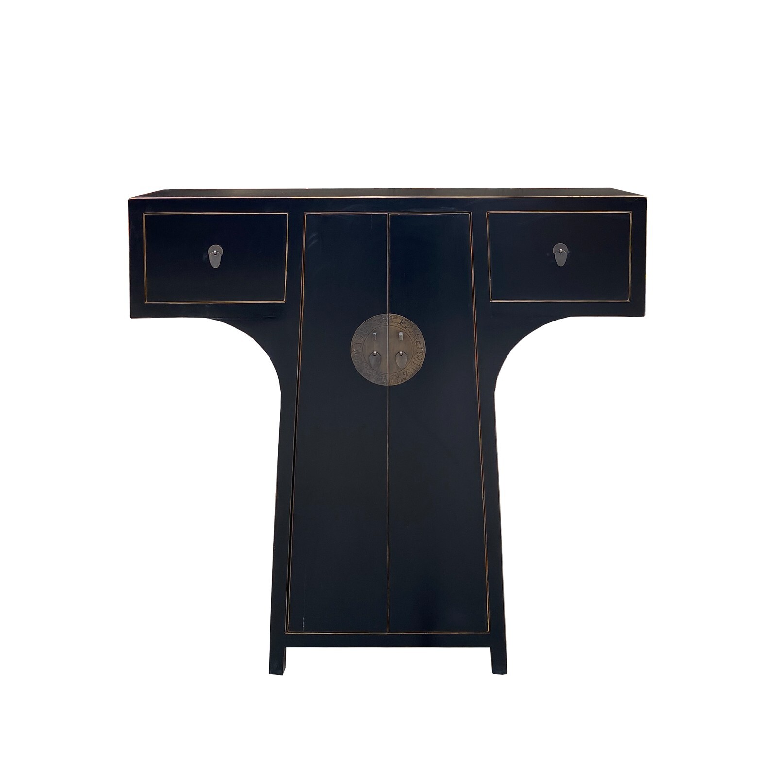 Chinese Moon Face T-Shape Black Lacquer Drawers Side Table Cabinet cs7478