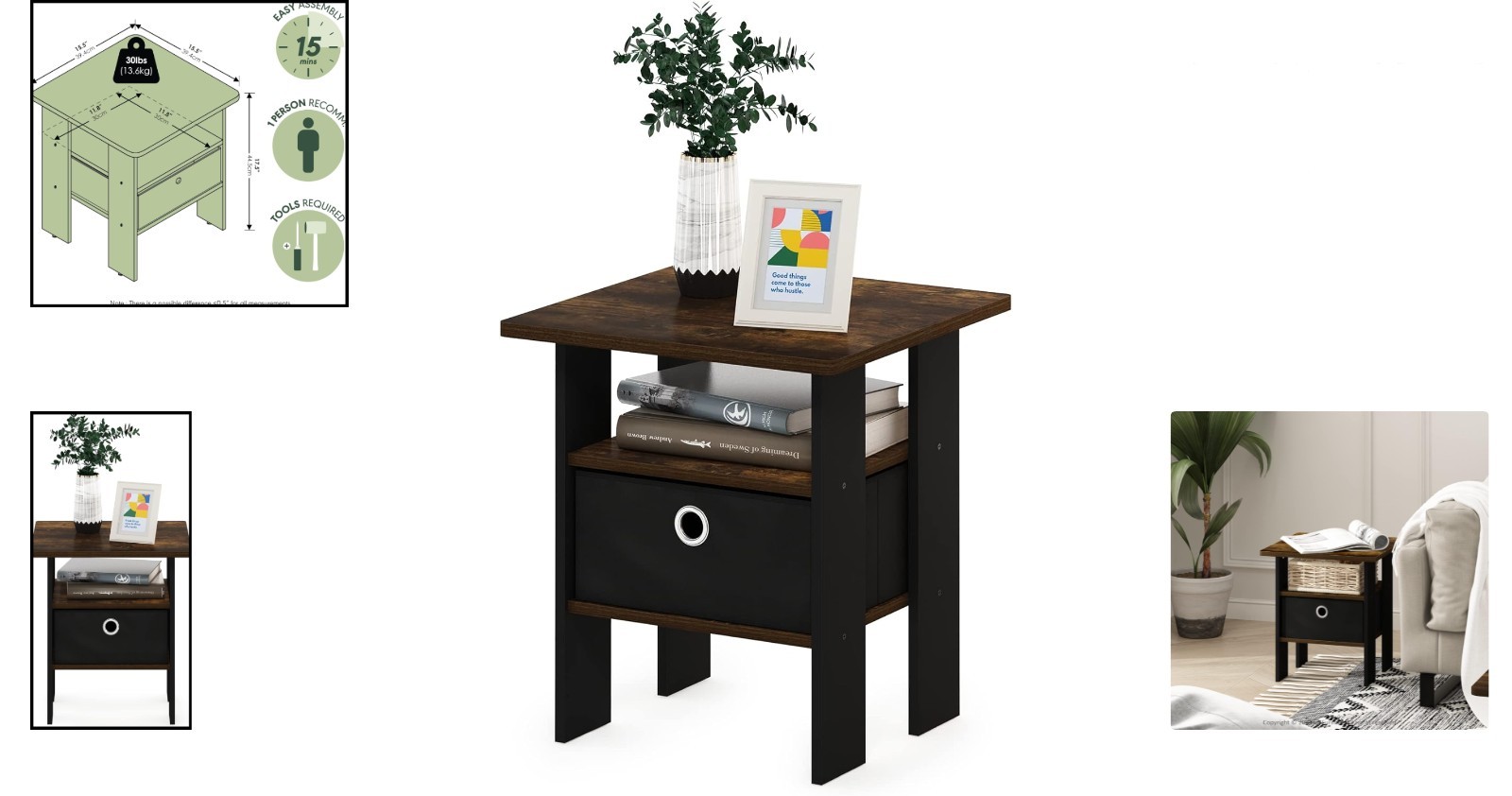 Stylish ANDREY Night Stand with Open Shelves & Bin – Space-Saving 16″ Design